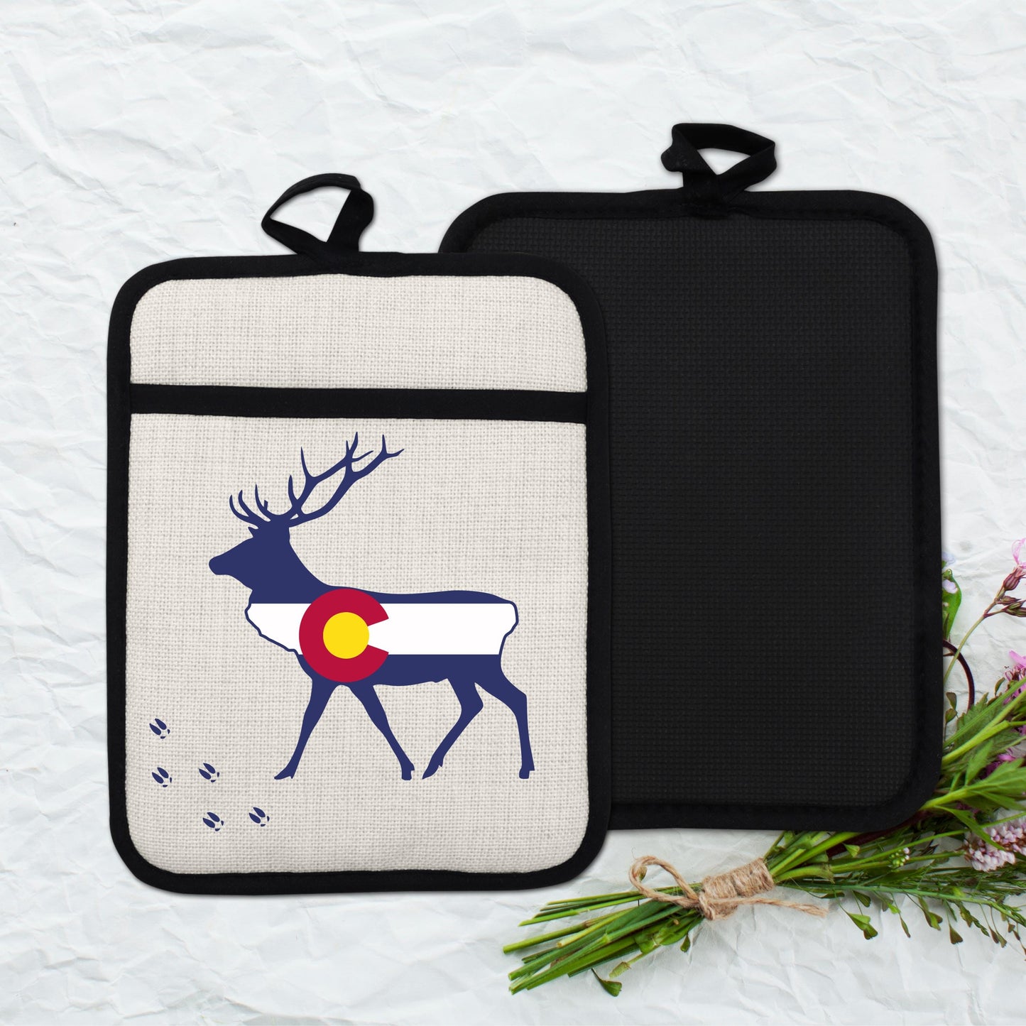 Elk Pot Holder - Colorado Linen With Silicone Back, Heat Resistant Trivet 9x7 Inches