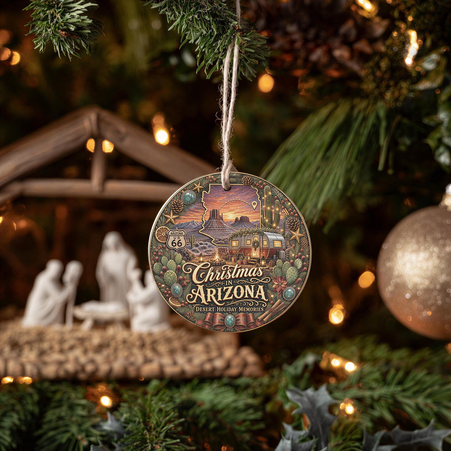 Arizona Christmas Ornament | Ceramic Keepsake | Desert Sunset Camper