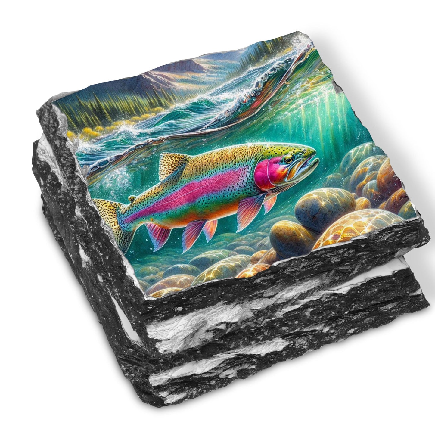 Rainbow Trout Slate Coaster Set with Fractured Edges  4 Sublimation Prints  Black Rack for Coffee Table or Gift