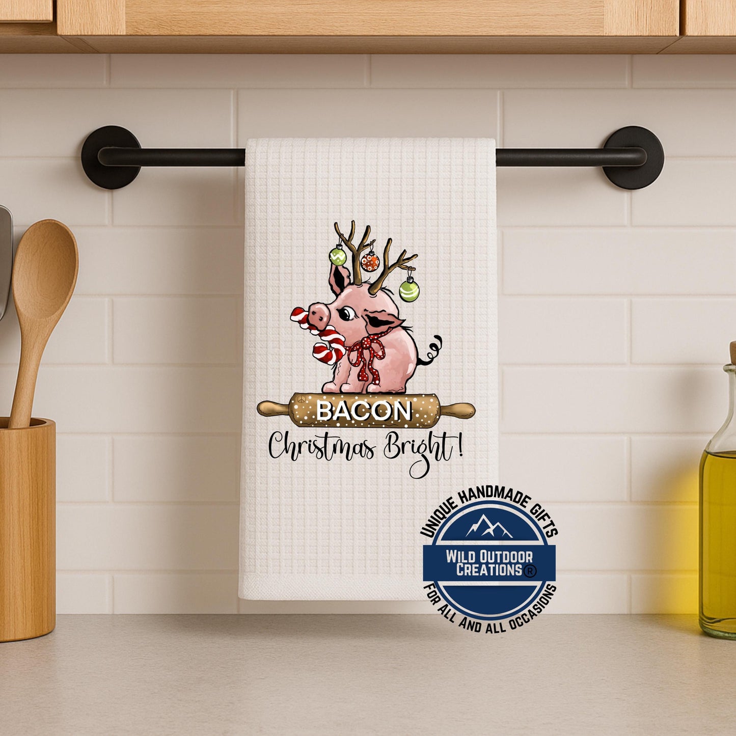 Reindeer Pig Christmas Kitchen Towel Bacon Funny Farmhouse Waffle Weave Holiday Decor Gift