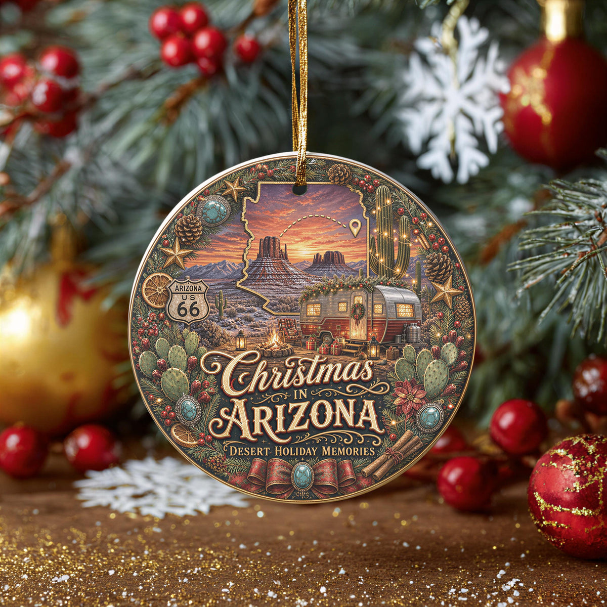Arizona Christmas Ornament | Ceramic Keepsake | Desert Sunset Camper