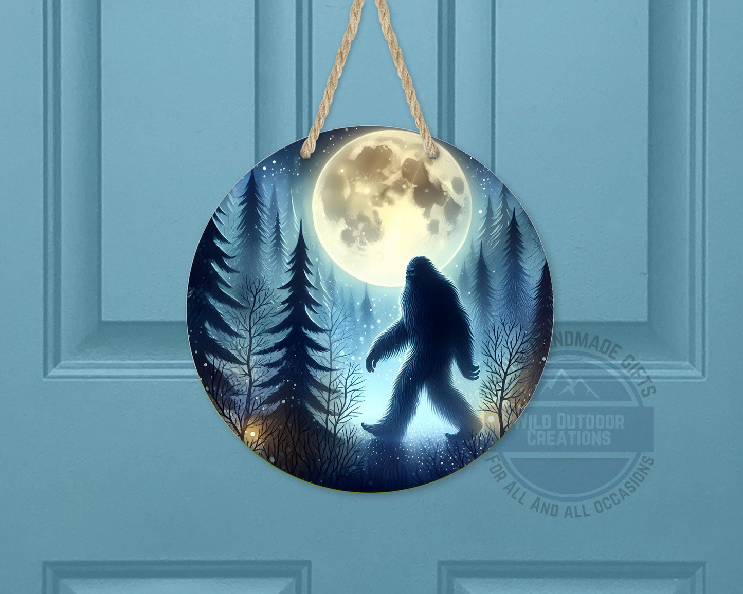Bigfoot Door Hanger - Aluminum Round Porch Sign With Moonlit Forest Decor