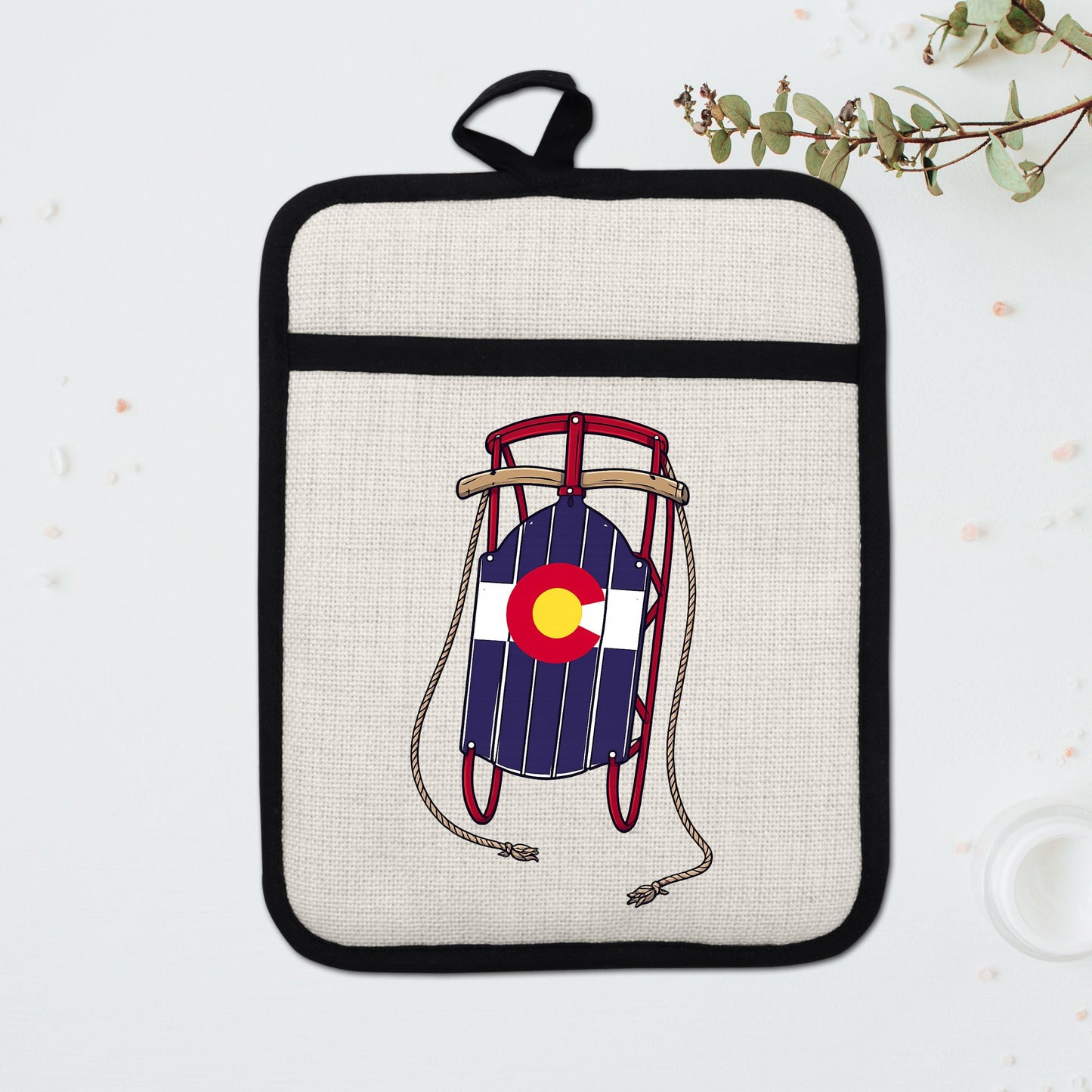 Colorado Sled Pot Holder - Linen Pot Holder with Silicone Back Trivet, Heat Resistant Oven Mitt