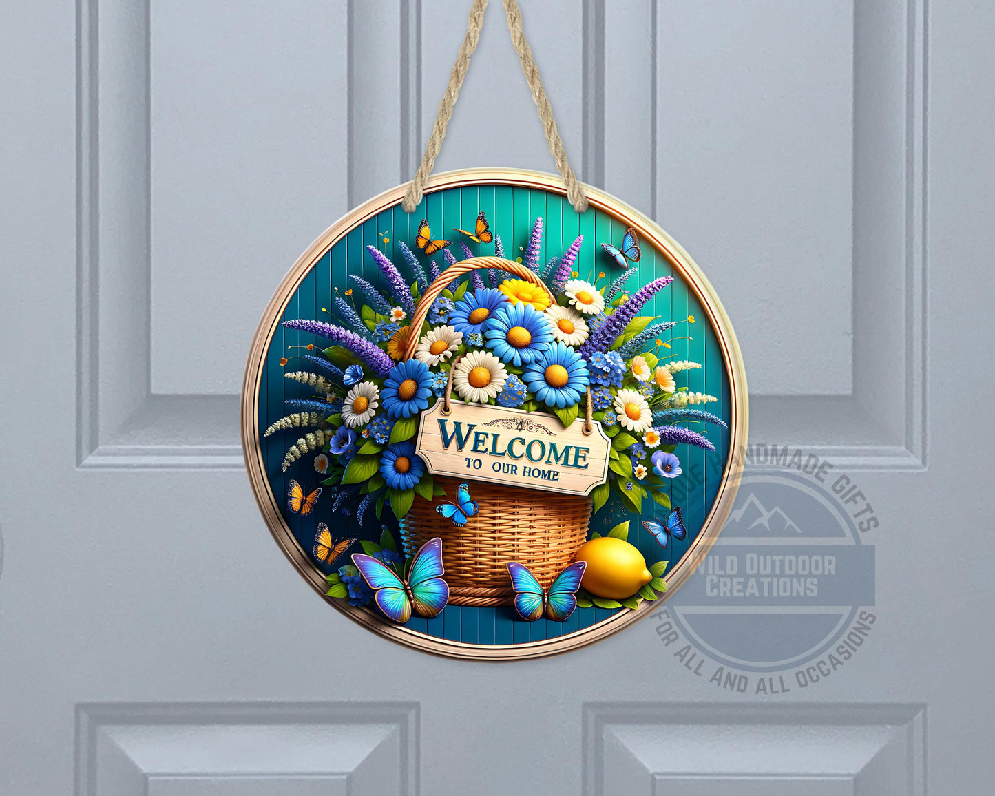 Welcome Door Sign – Blue Daisy Floral Basket | Outdoor Aluminum Porch Decor