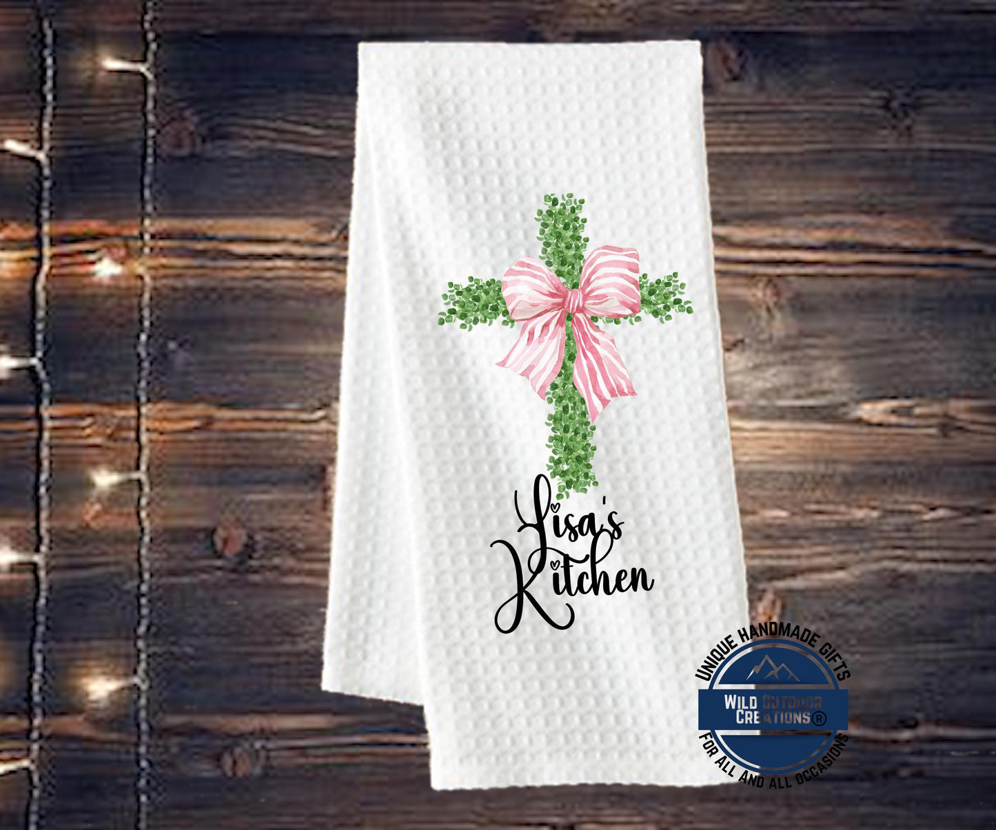 Personalized Kitchen Towel - Custom Name Cross Design with Pink Bow | Easter Gift - additional product photo 12