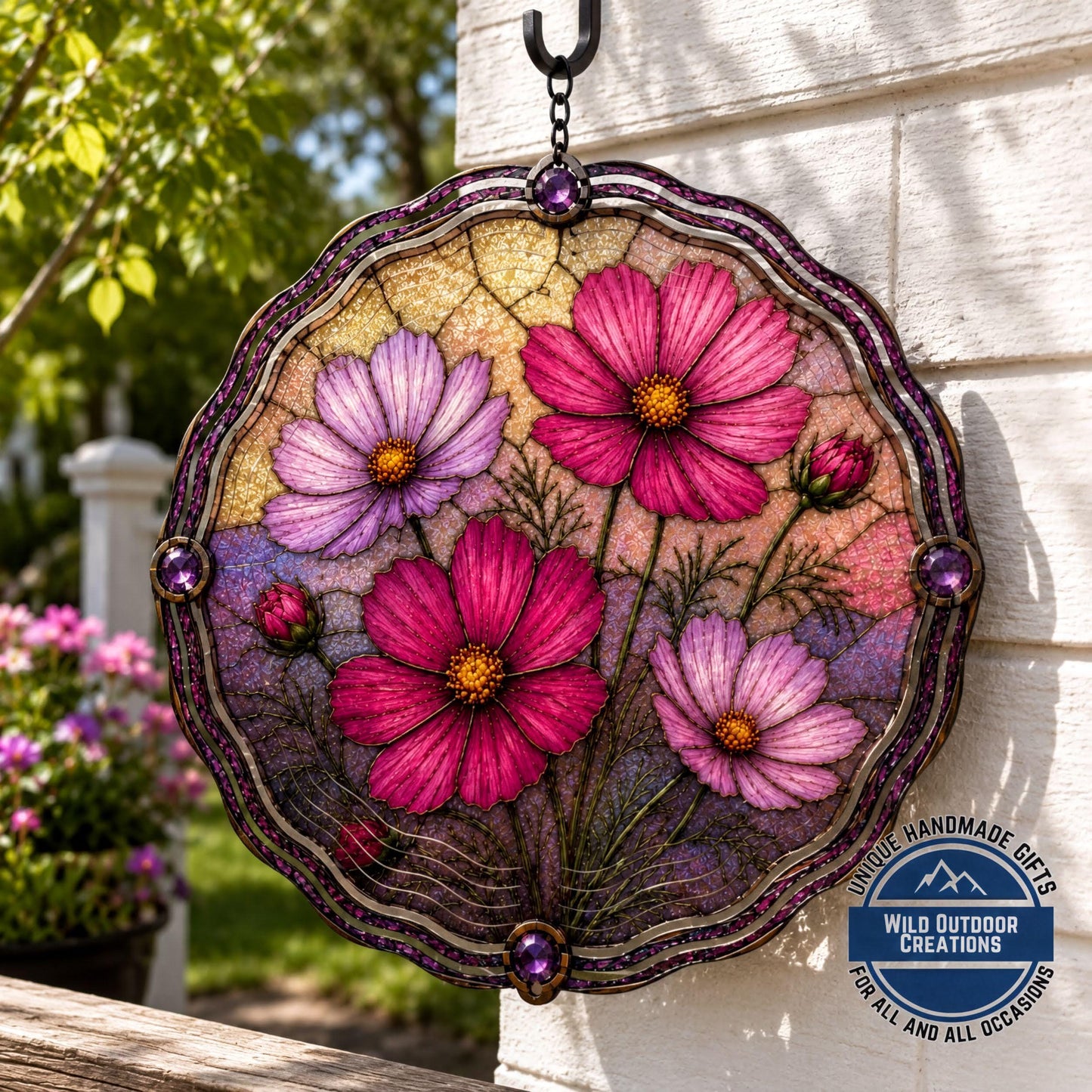 October Birth Flower Wind Spinner Cosmos Faux Stained Glass Garden Gift Yard Art