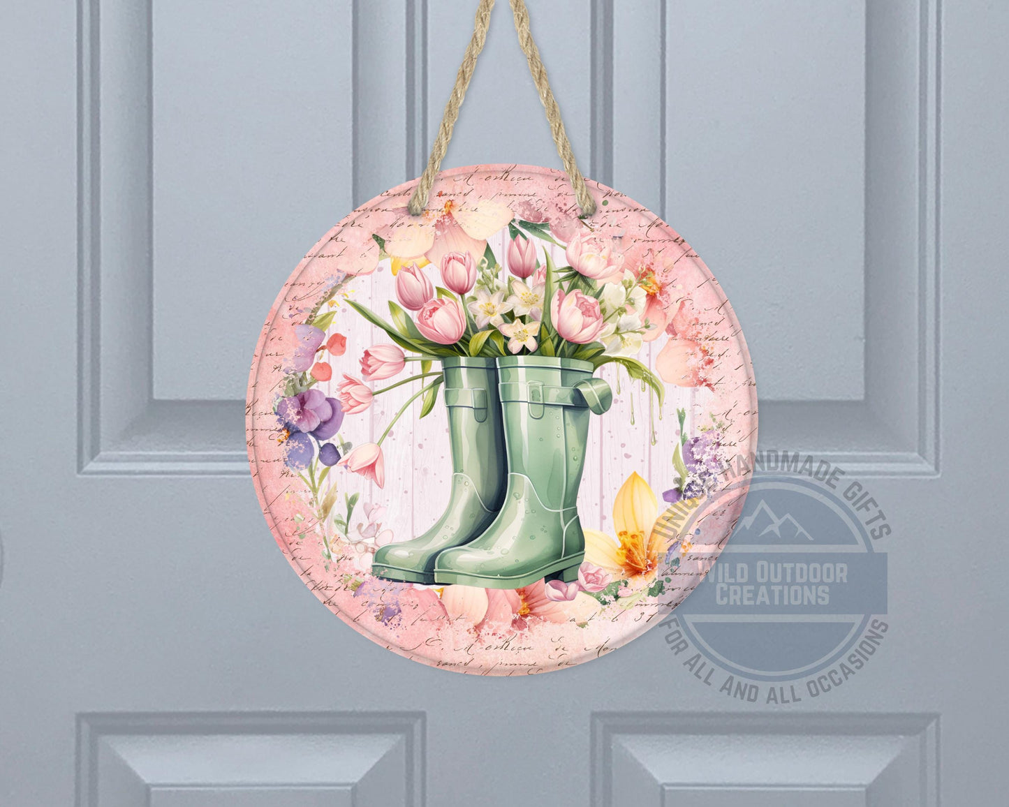 Spring Garden Boots - Pink Tulip Floral Door Hanger | Rustic Farmhouse Charm