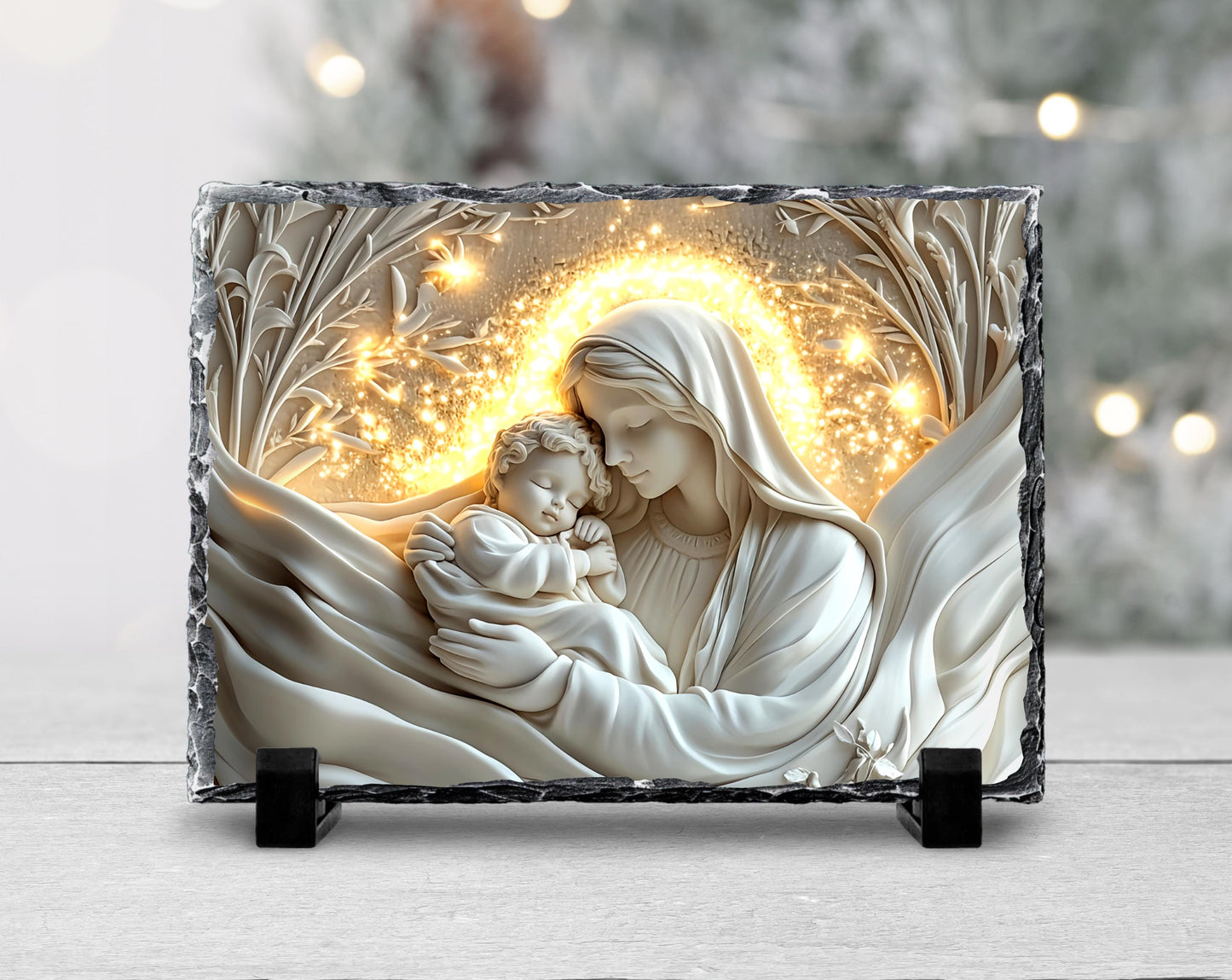 3D Mary and Baby Jesus Slate Plaque - with Fractured Edges  Gold Accents