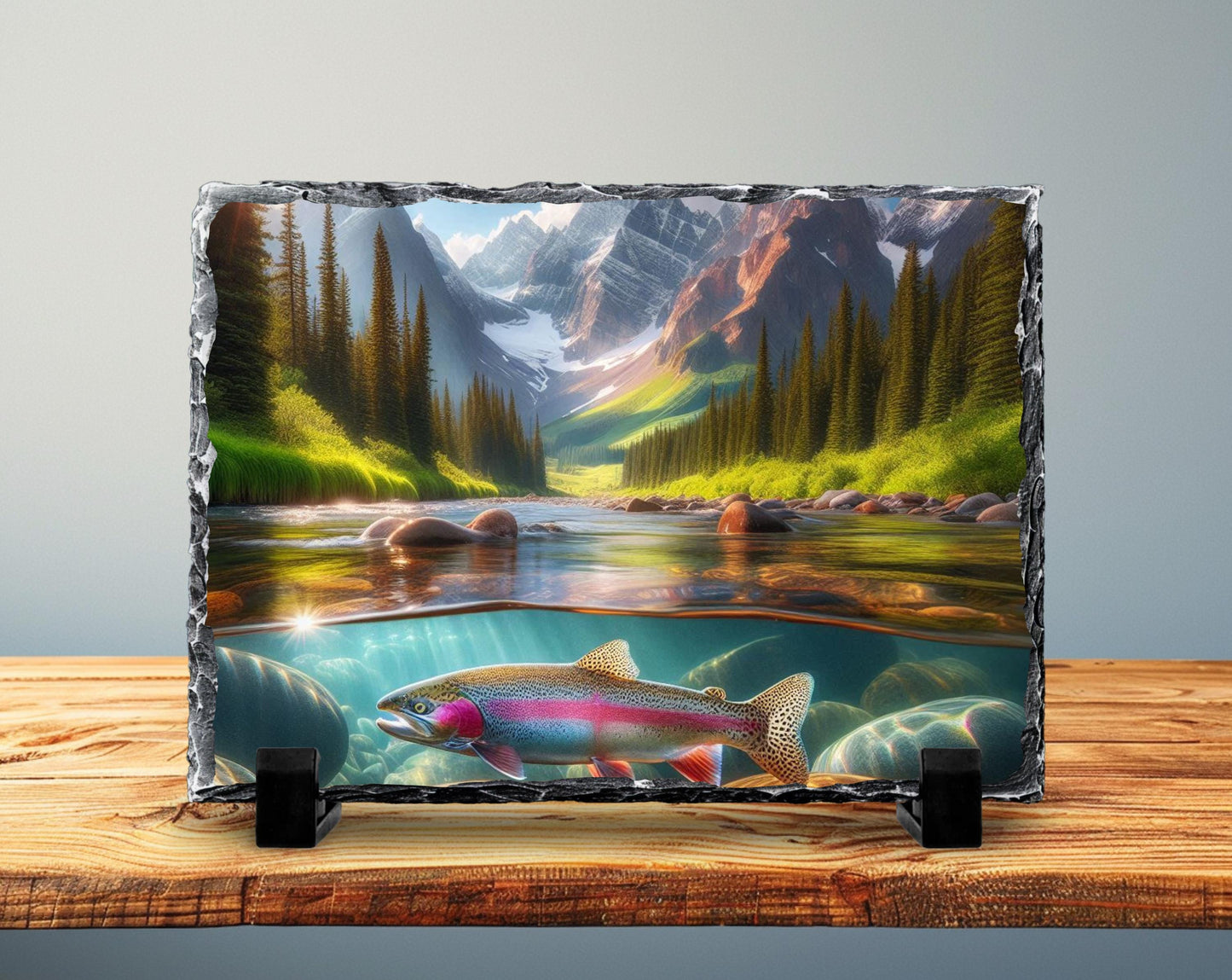 Nature-Inspired Slate Art featuring Rainbow Trout  Rustic Mountain Stream Wall Decor for Outdoor Enthusiasts