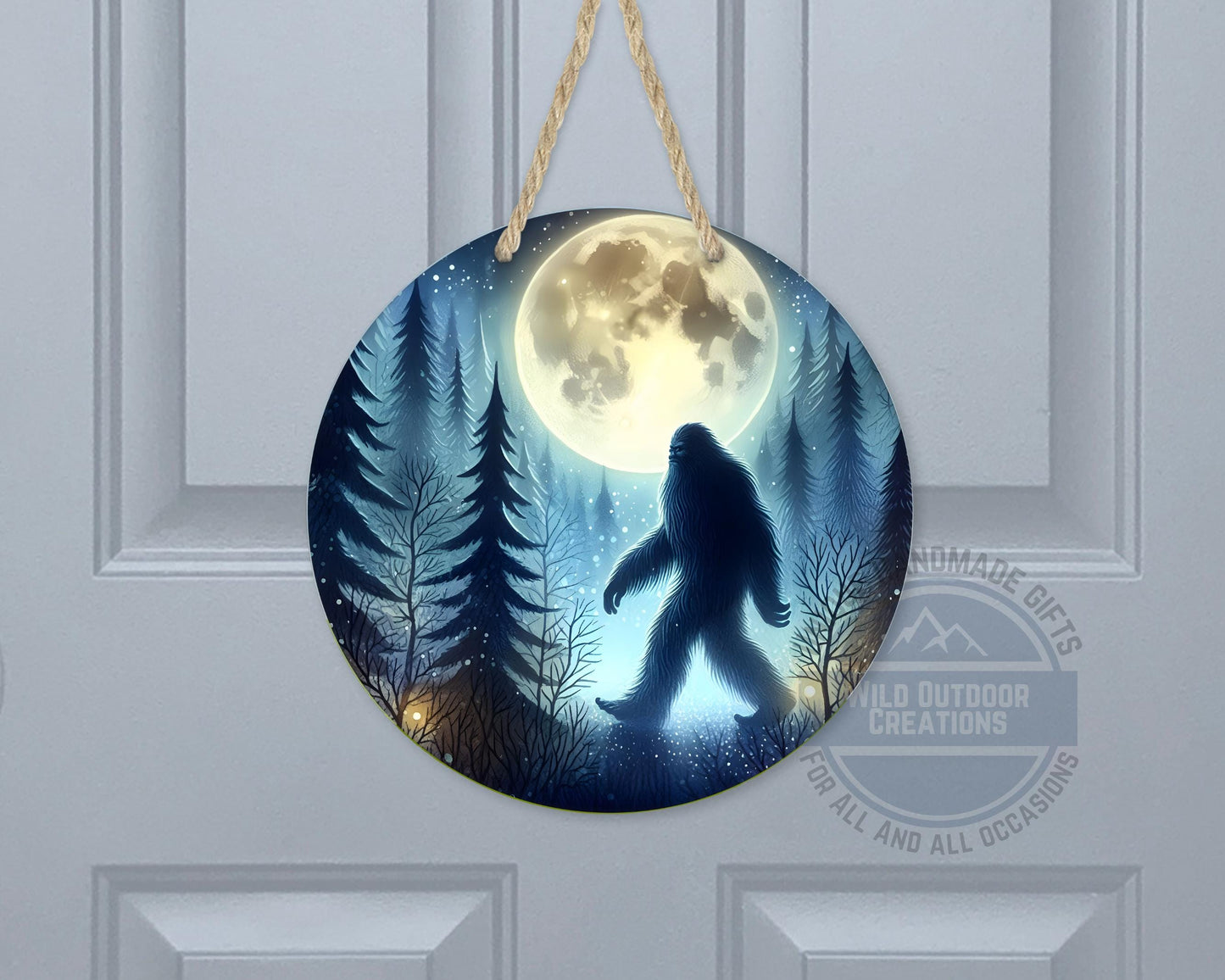 Bigfoot Door Hanger - Aluminum Round Porch Sign With Moonlit Forest Decor