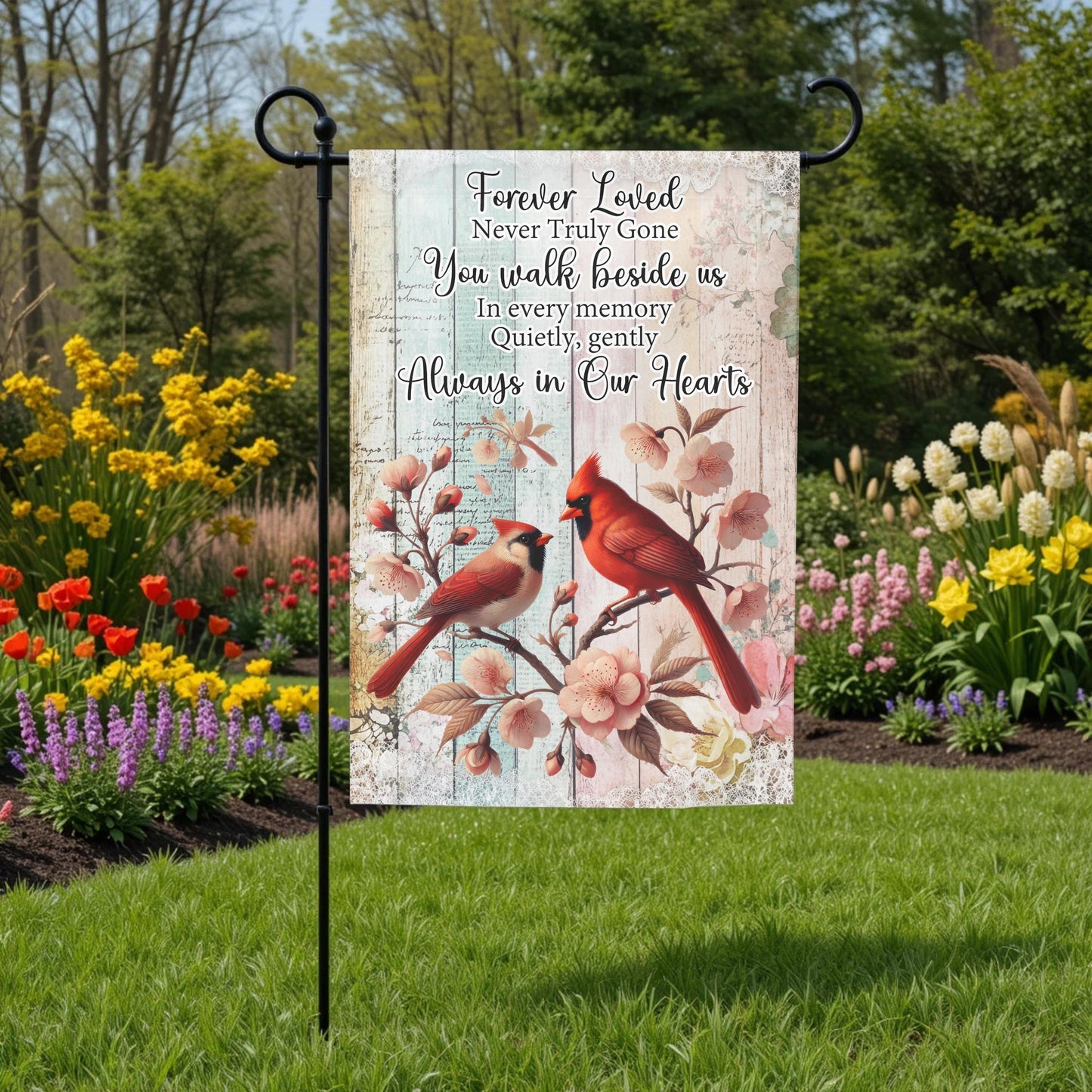 Memorial Garden Flag - Forever Loved Cardinal Tribute, Double Sided, Weather Resistant 12x18 - lifestyle display