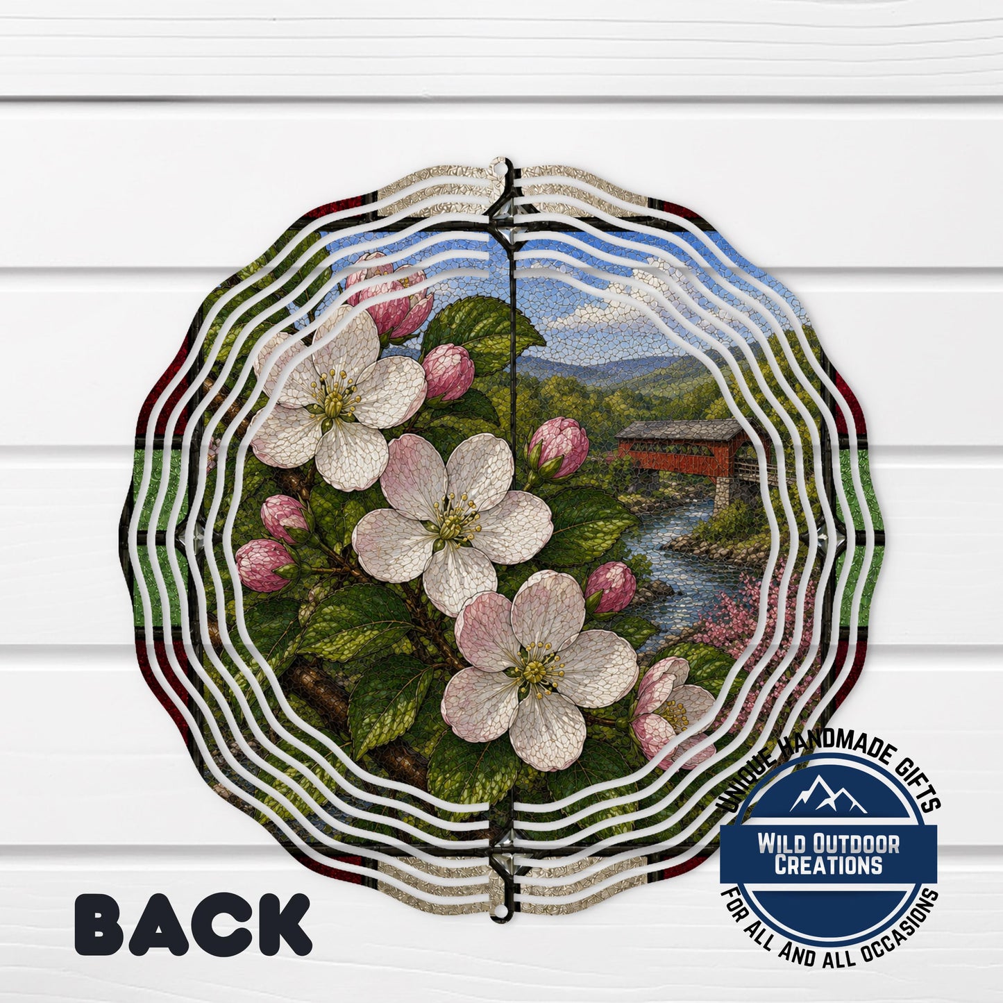 Apple Blossom Wind Spinner - Arkansas State Flower Stained Glass Style Outdoor Decor