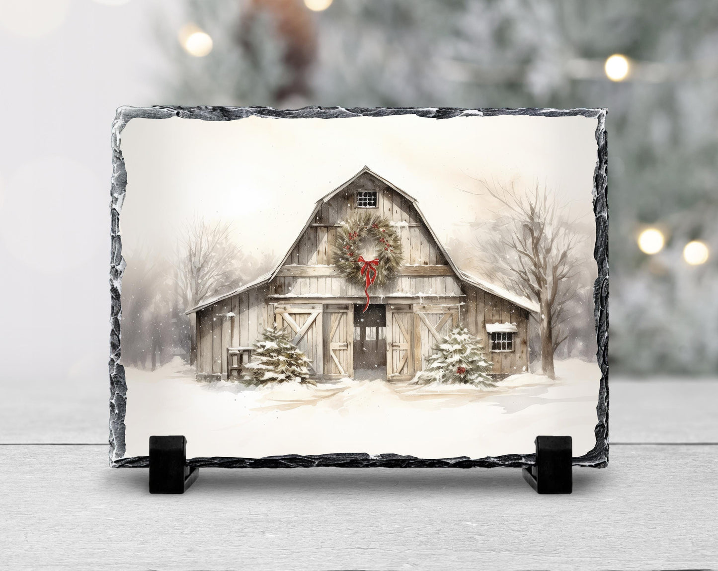 Rustic Christmas Slate Plaque with Barn Scene Wreath  Snow  Perfect Holiday Decor Gift