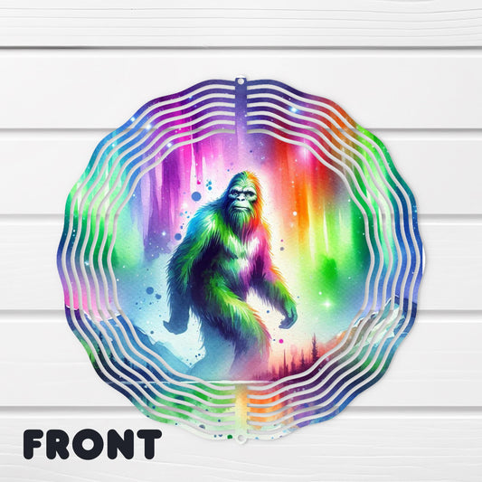 Bigfoot Wind Spinner with Northern Lights Design - 10x10 Double-Sided Watercolor Forest Art for UV Outdoor Décor