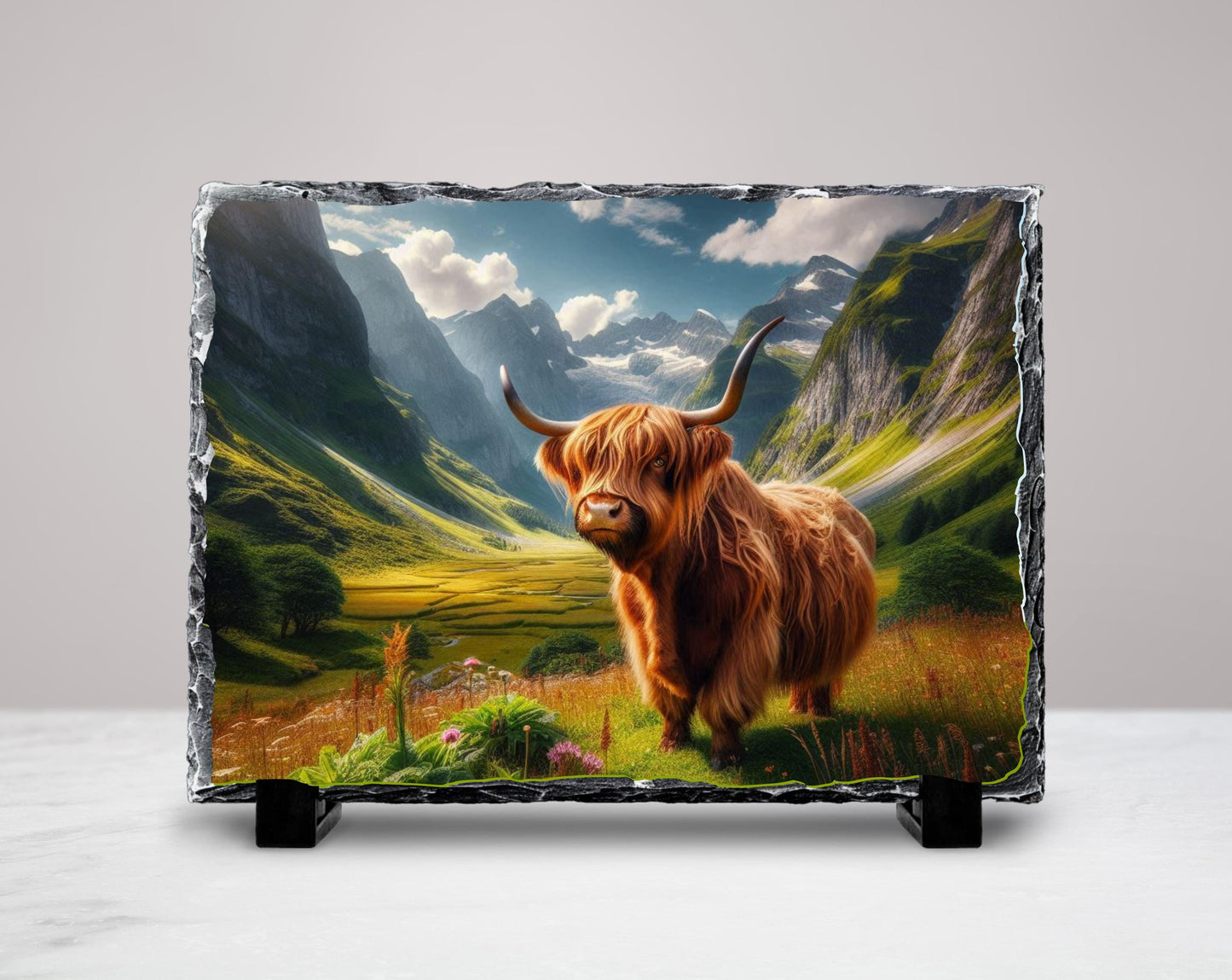 Highland Cow Slate Plaque – Durable Natural Stone Decor with Mountain View