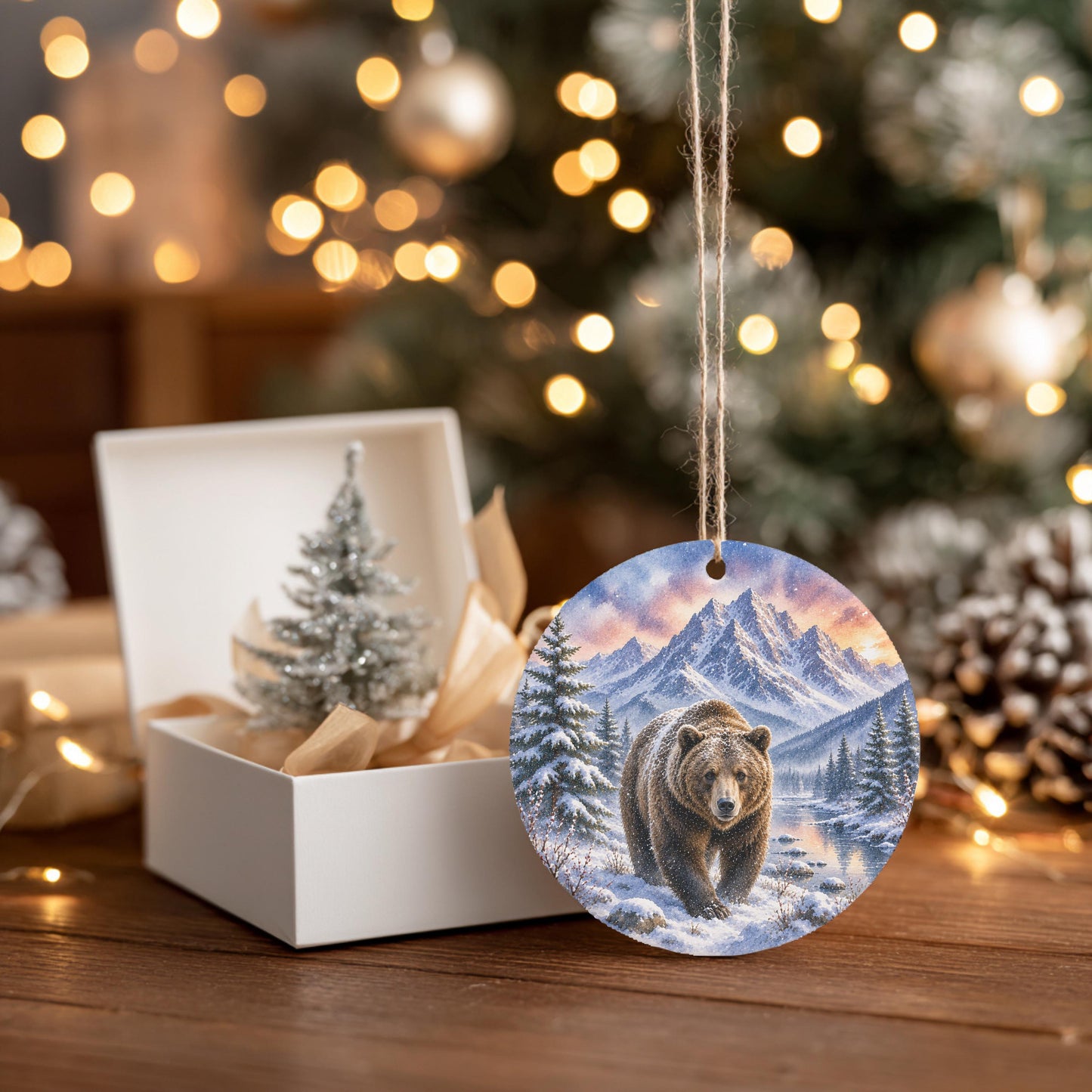 Grizzly Bear Ornament | Watercolor Mountains, Ceramic Keepsake