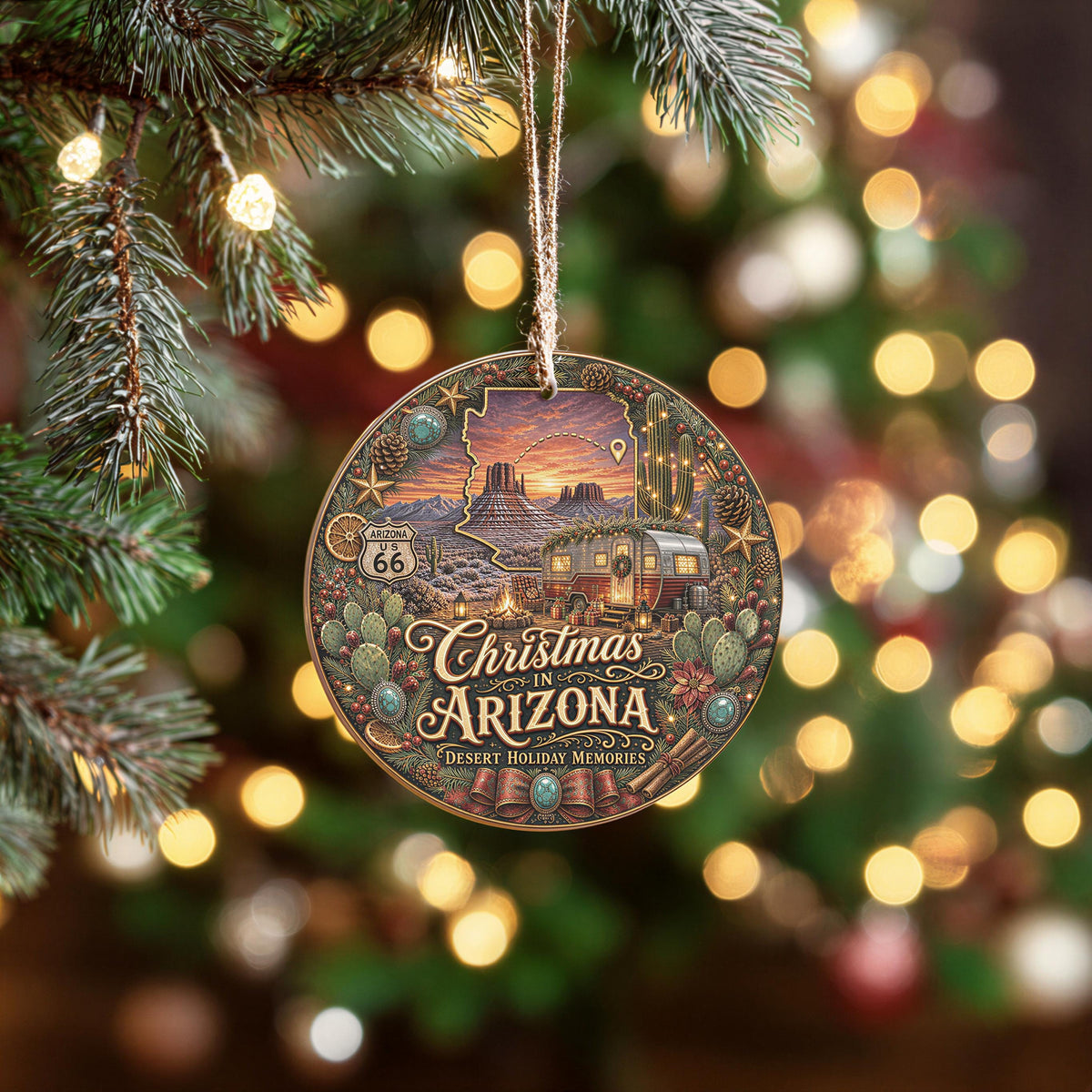 Arizona Christmas Ornament | Ceramic Keepsake | Desert Sunset Camper