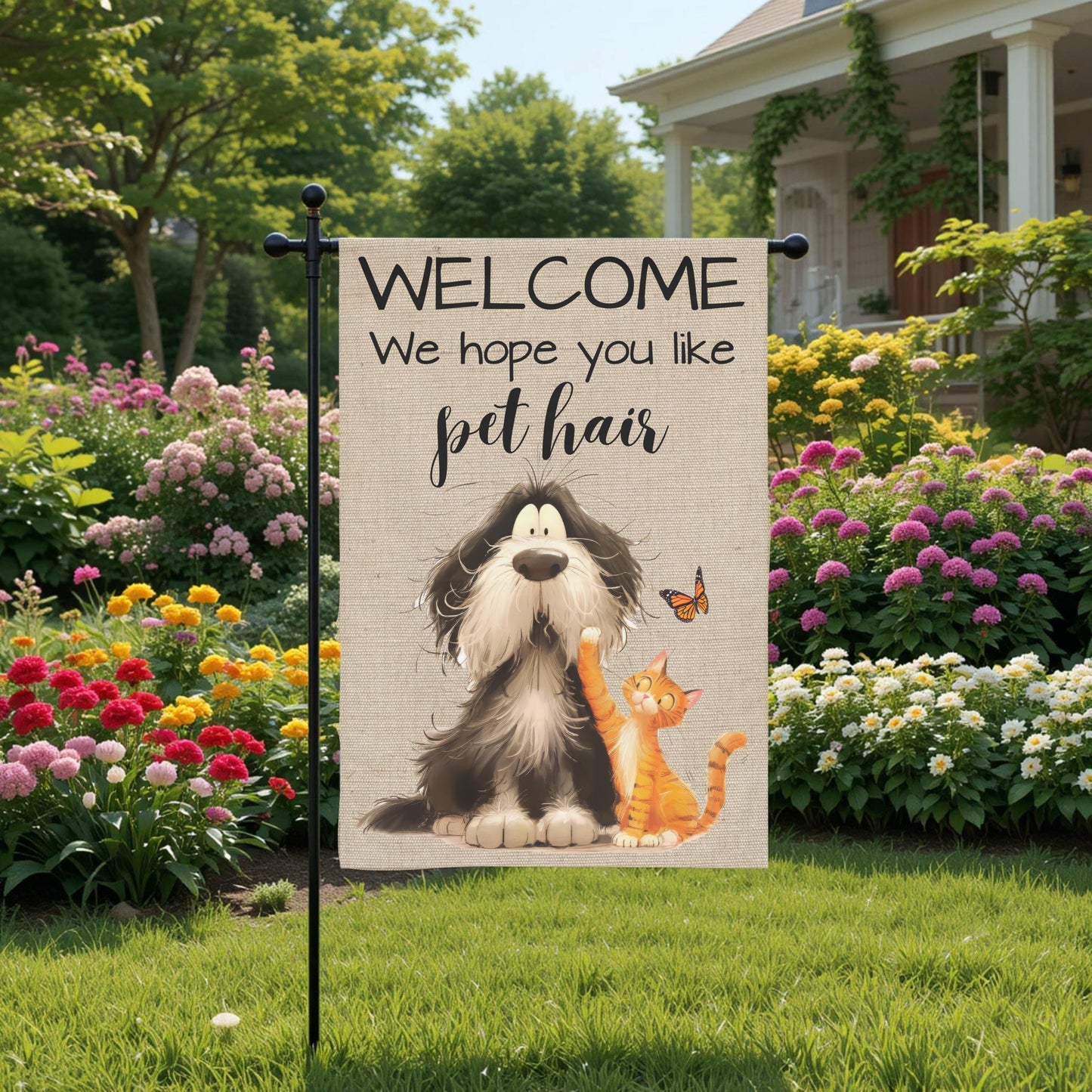 Pet Hair Garden Flag - Funny Welcome Dog And Cat Outdoor Decor 12x18 Sublimation - close up detail