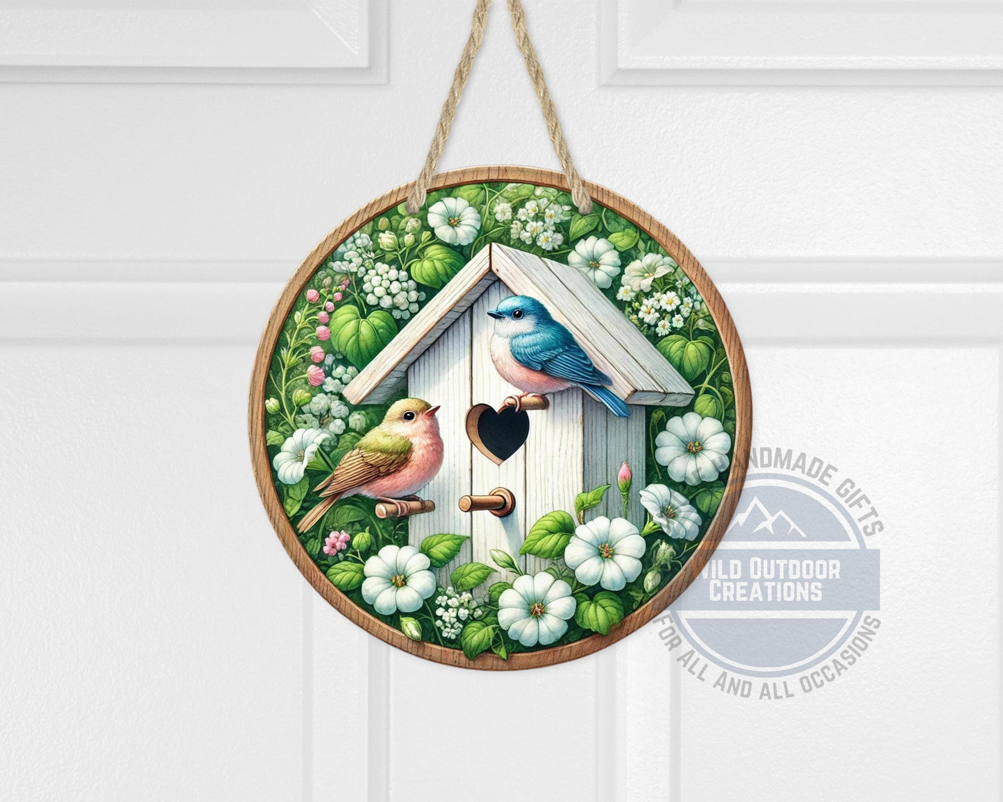 Birdhouse Door Hanger – Spring Door Decor with Songbird Porch Welcome Sign