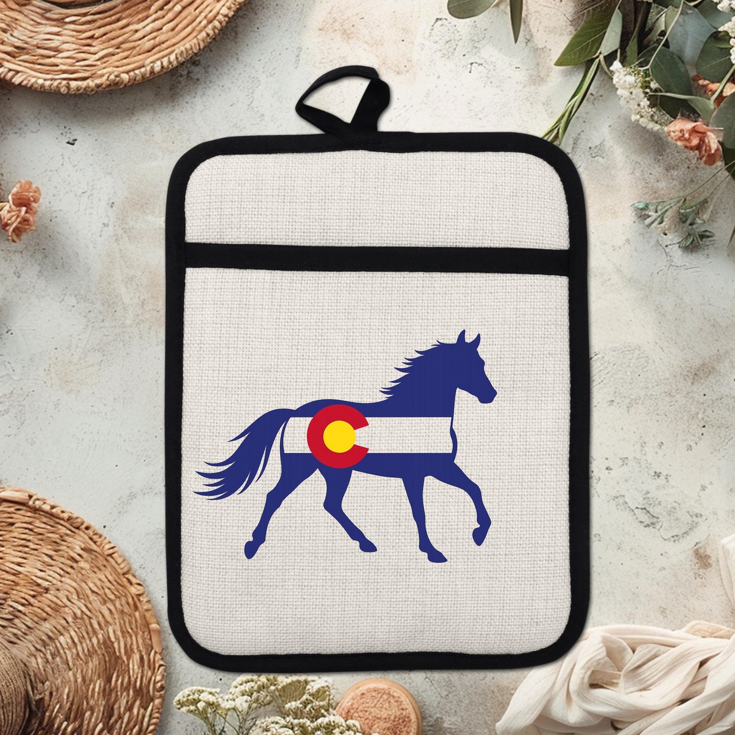 Horse Oven Mitt - Colorado Pot Holder With Silicone Back & Linen Front, Heat Resistant