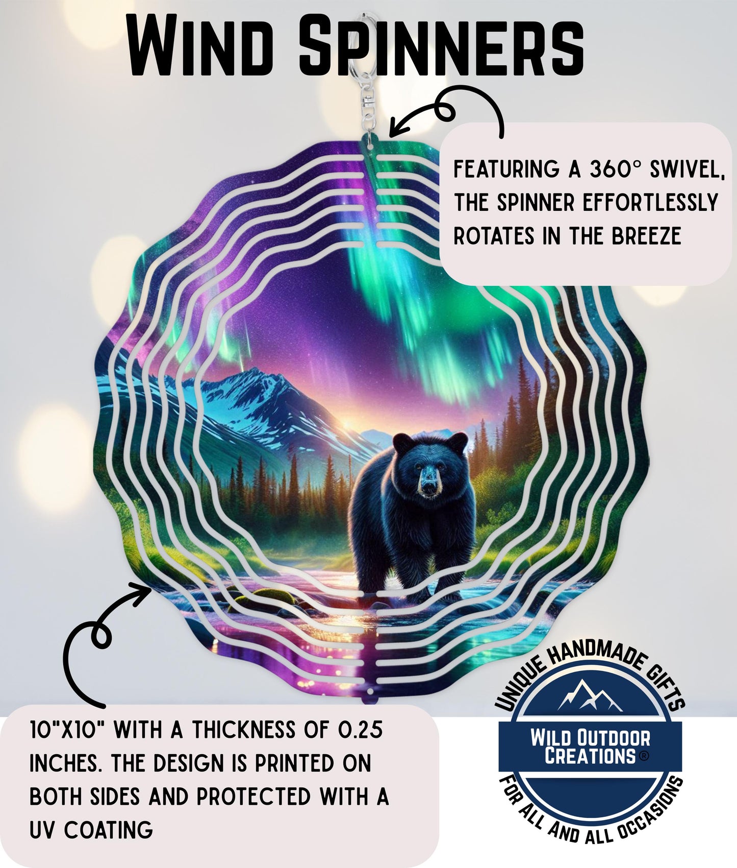 The image is a wind spinner featuring a bear in a forest setting with a colorful, swirling pattern around it. The spinner has a 360-degree swivel and is printed on both sides with a UV coating.