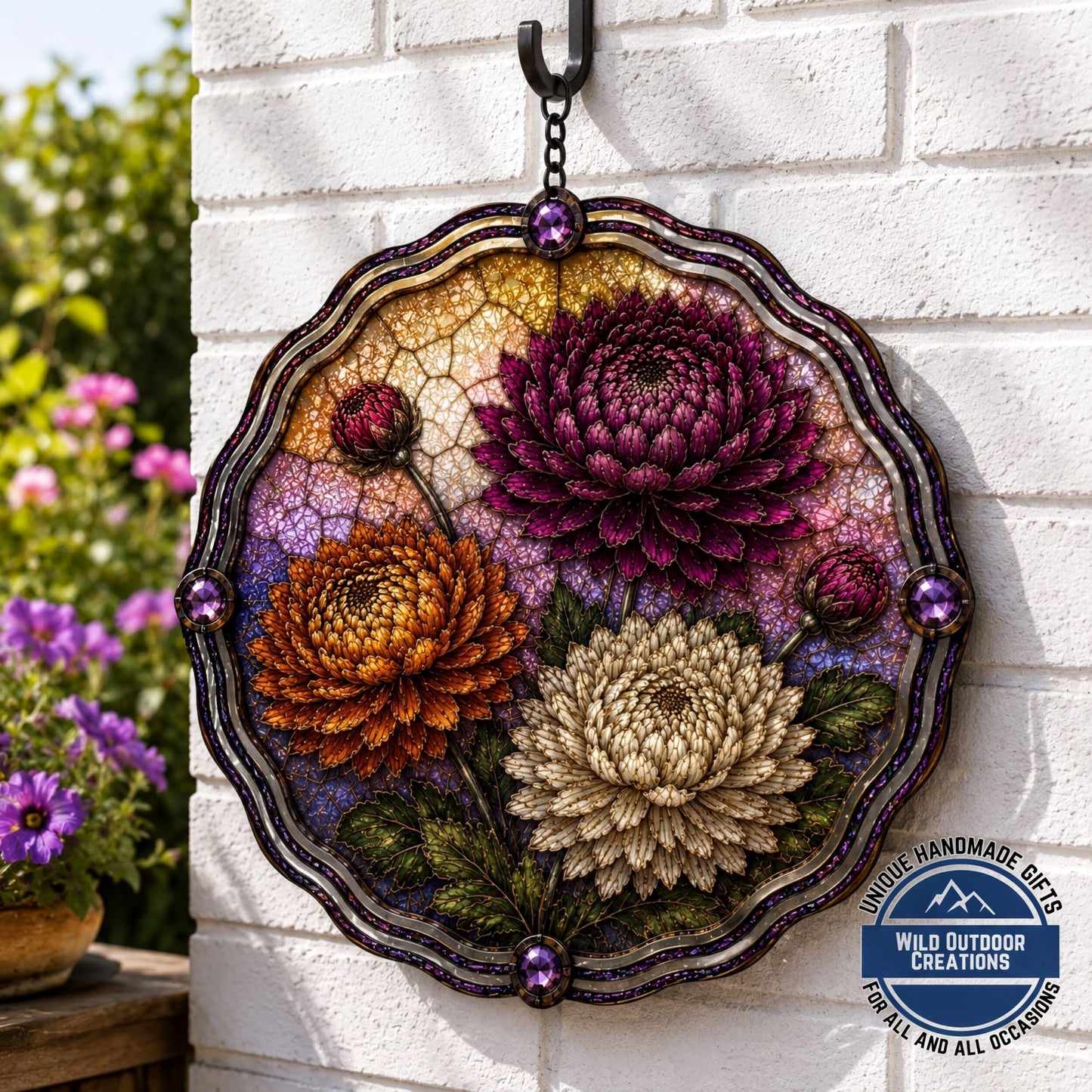 November Birth Flower Wind Spinner Chrysanthemum Faux Stained Glass Garden Gift Yard Art