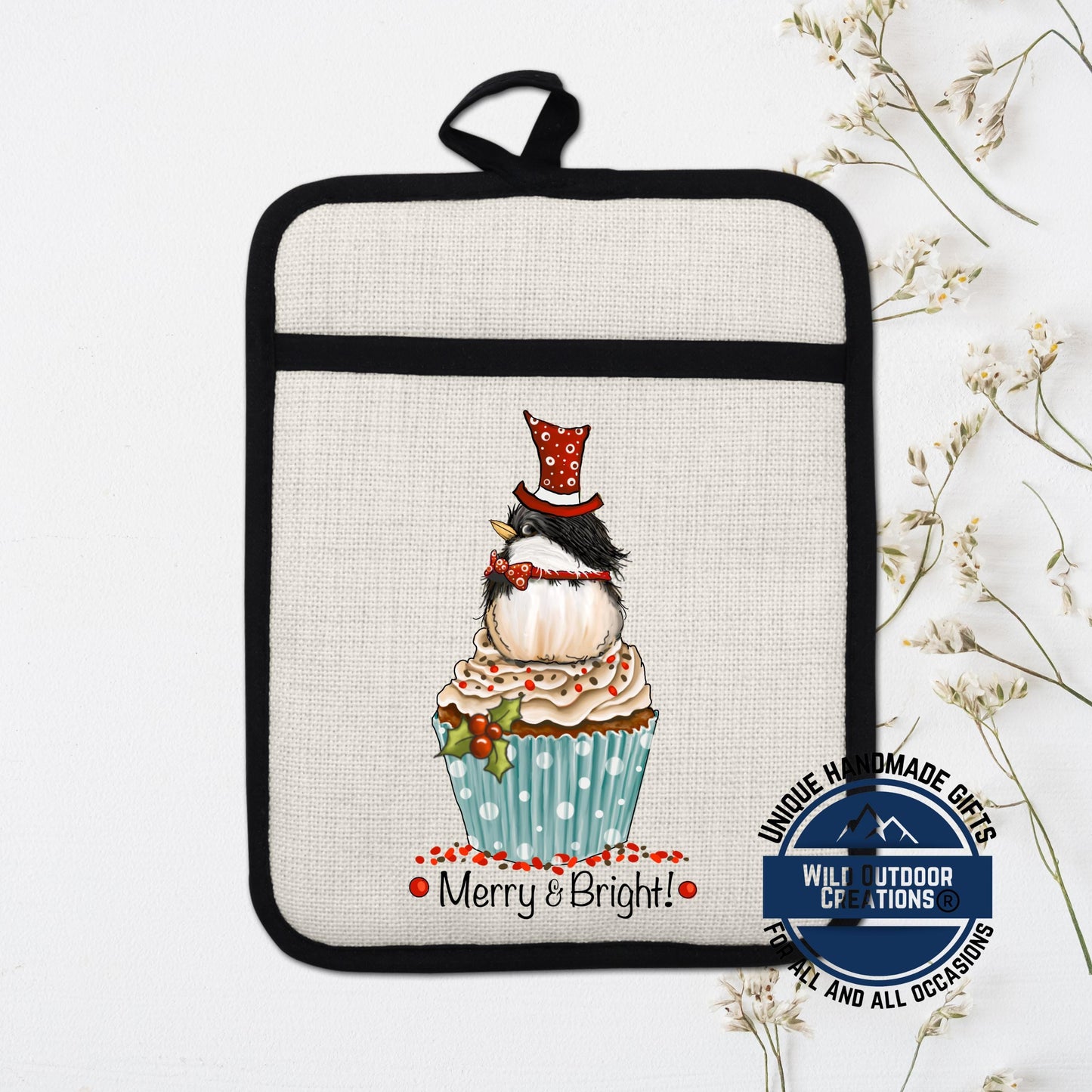 Chickadee Cupcake Pot Holder Linen Hot Pad Merry Bright Christmas Kitchen Gift