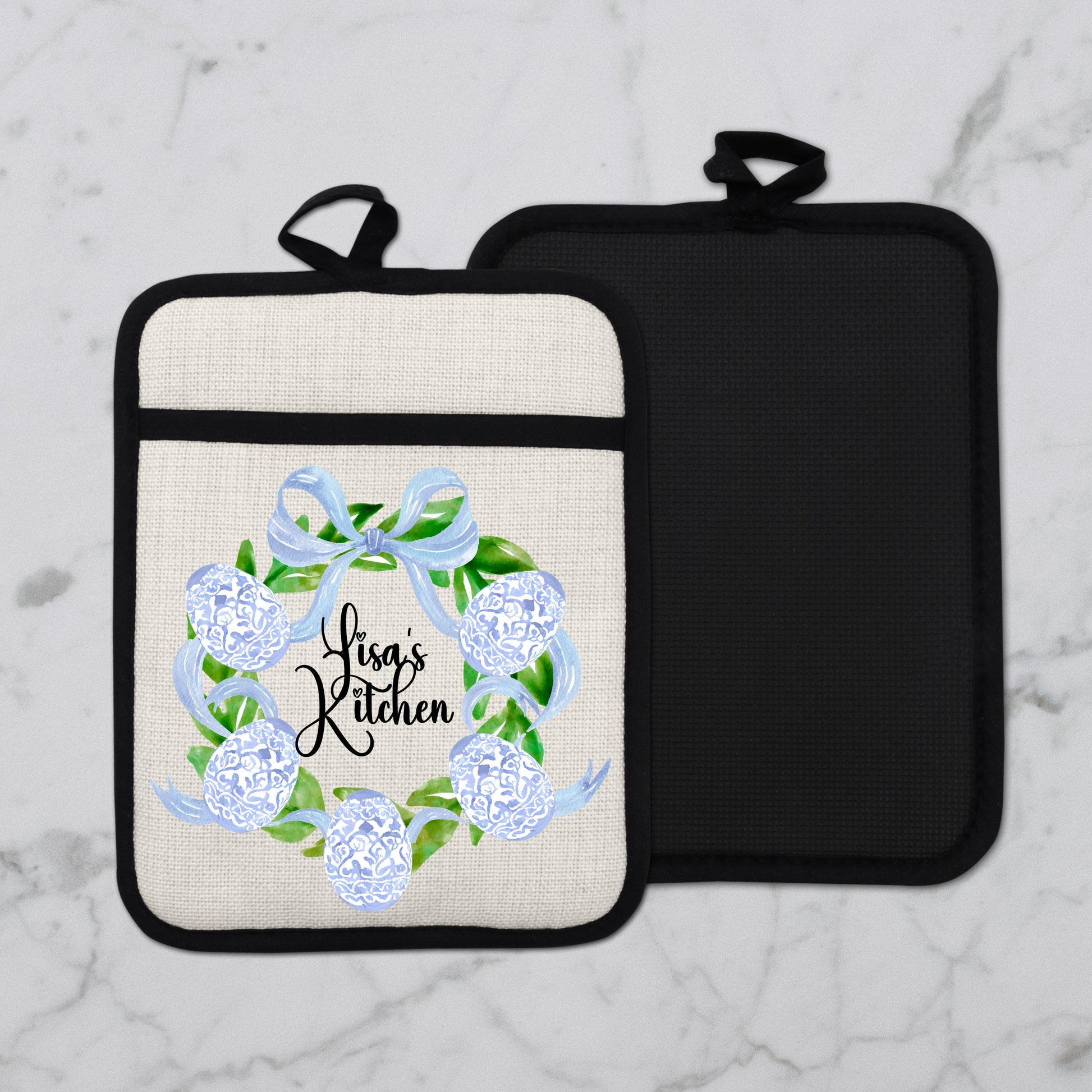 Personalized Easter Wreath | Non-Slip Pot Holder, Blue & White Chinoiserie Style Decor Gift - additional product photo 12