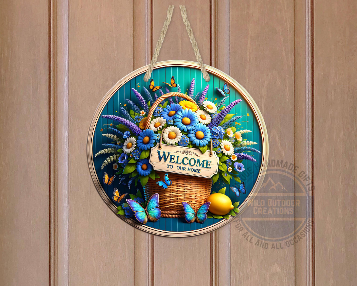 Welcome Door Sign – Blue Daisy Floral Basket | Outdoor Aluminum Porch Decor
