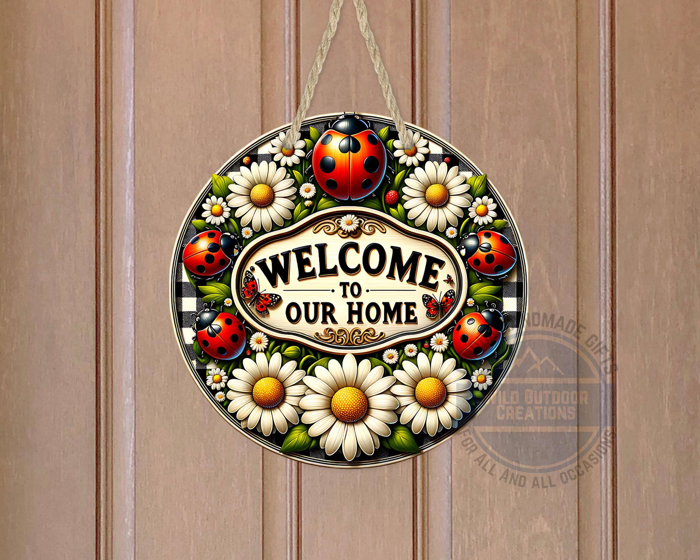 Welcome Door Hanger - Outdoor Aluminum Round Sign With Ladybug & Daisy Design