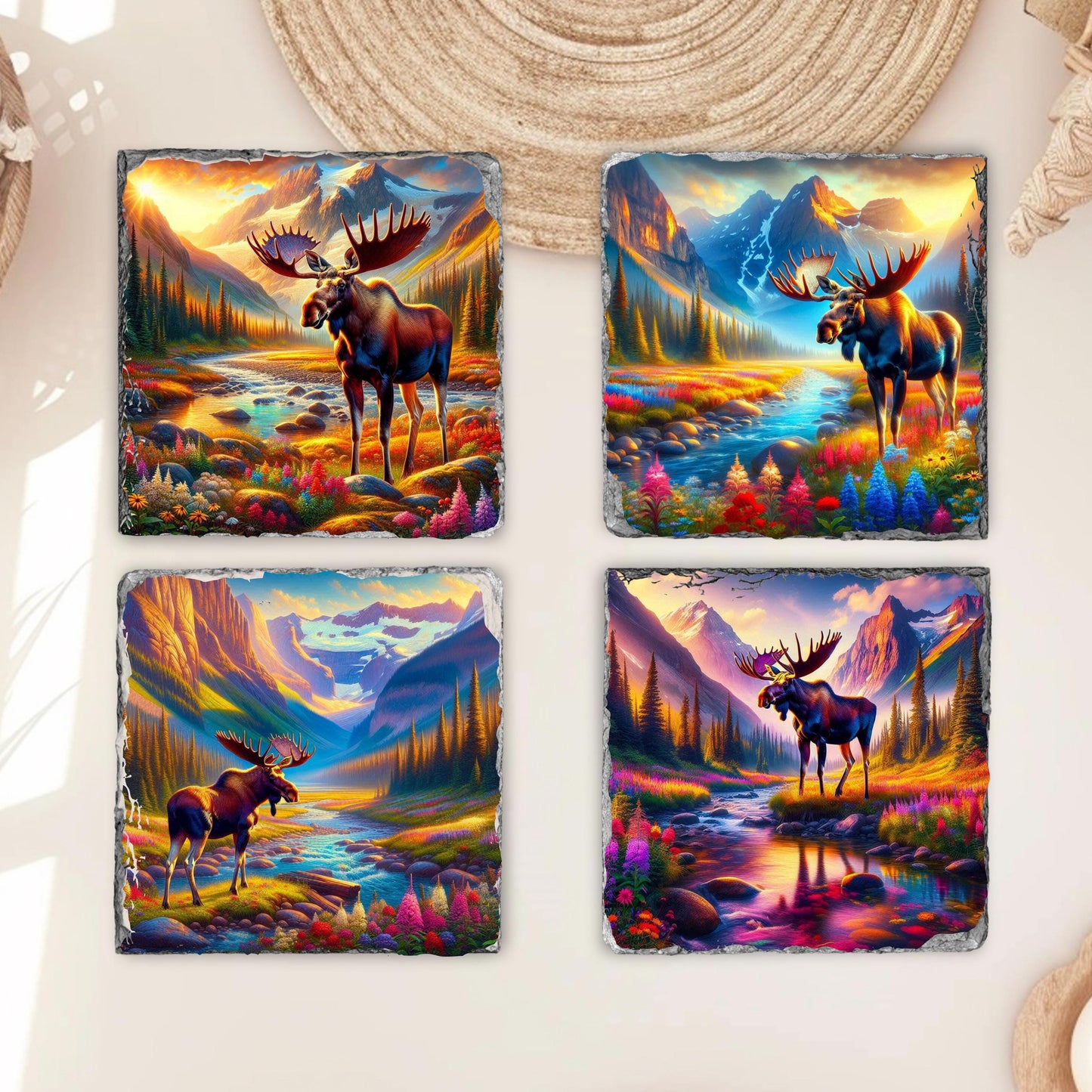 Vibrant Moose Slate Coaster Set with Wildflowers  Black Rack - Nature-Inspired Gift