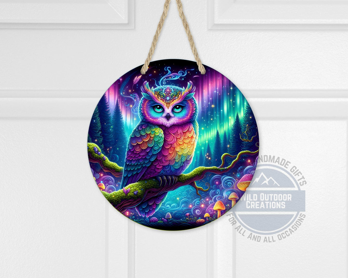 Rainbow Owl Wall Art – Psychedelic Forest Scene | Round Aluminum Sign With Fade Resistant Print