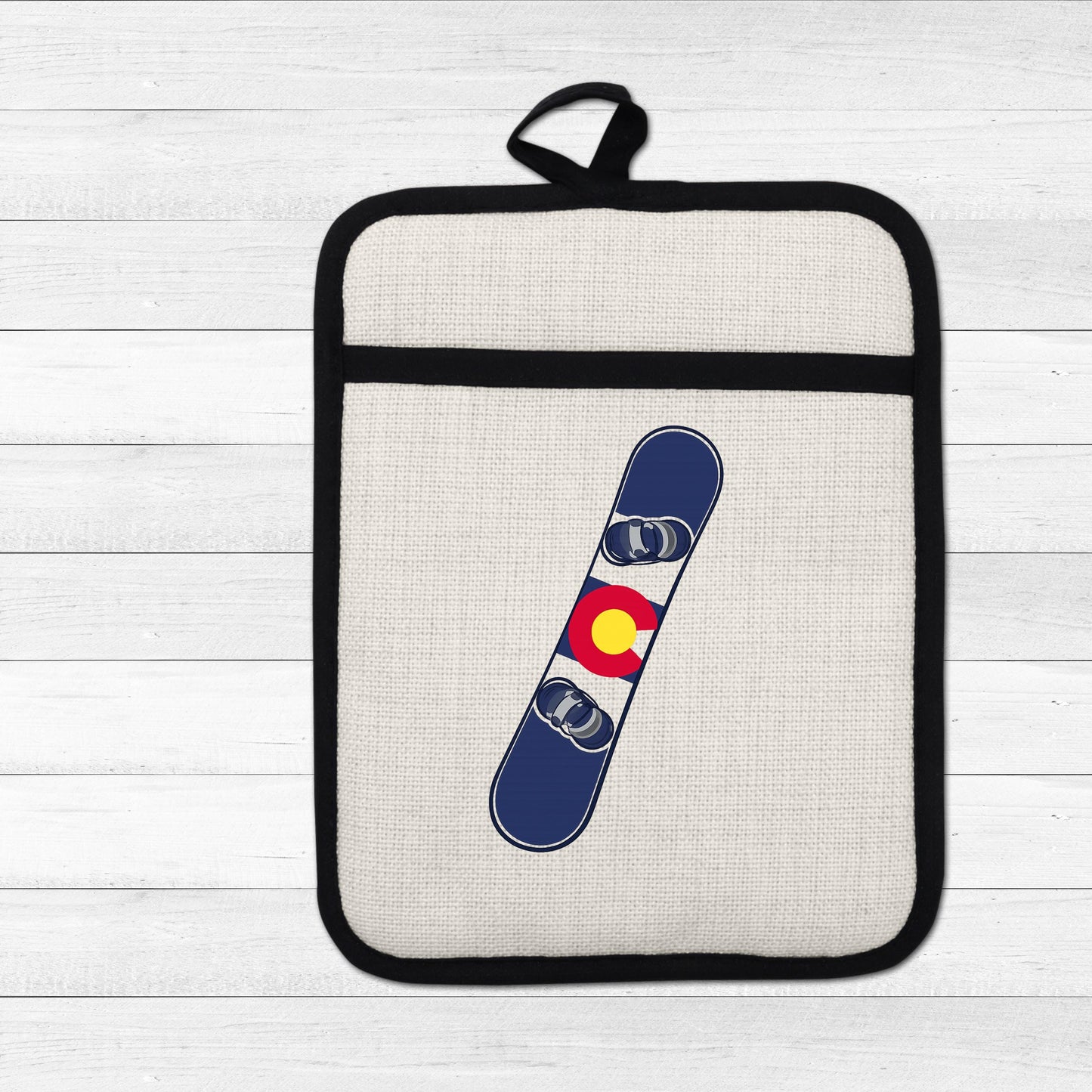Snowboard Pot Holder - Colorado Flag Design | Linen Fabric & Silicone Backing Pad Trivet