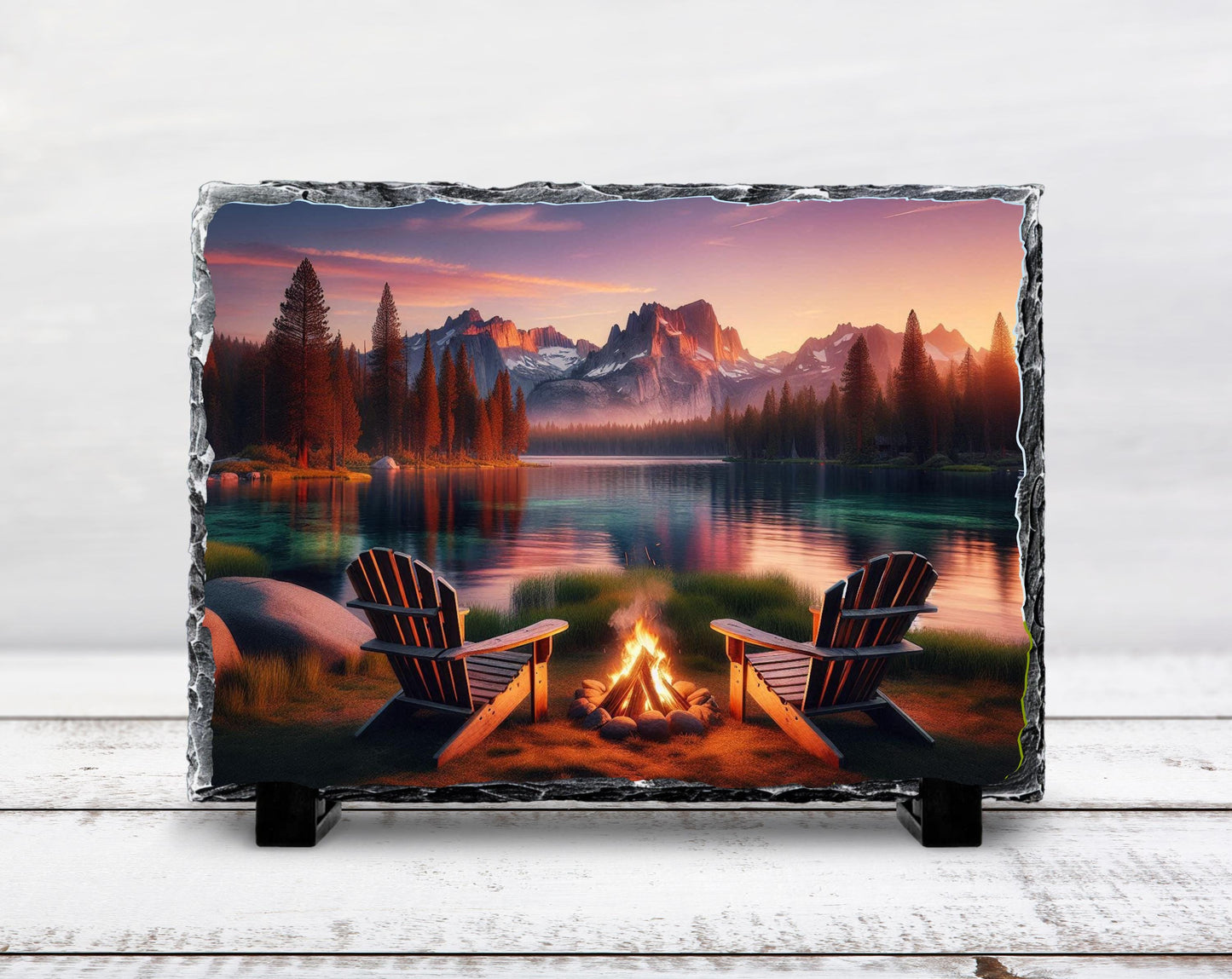 Lake House Decor Rustic Cabin Slate Art - Mountain Campfire Scene Plaque