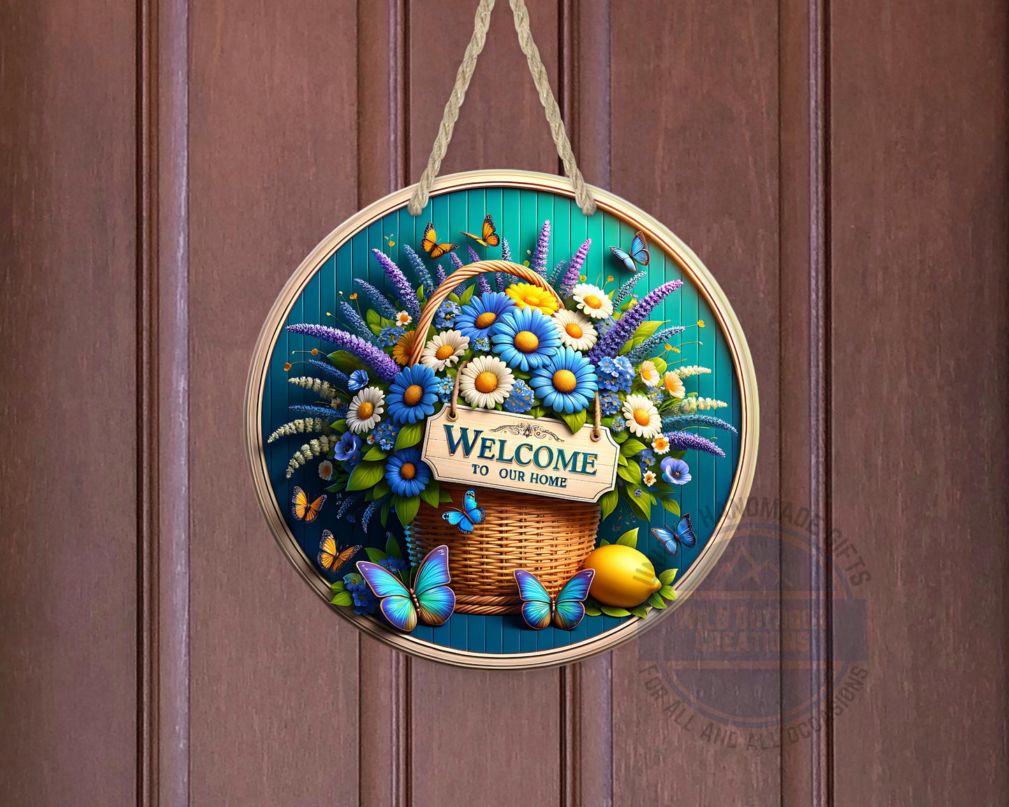 Welcome Door Sign – Blue Daisy Floral Basket | Outdoor Aluminum Porch Decor