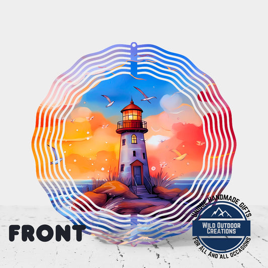 Lighthouse Wind Spinner – 10 Inch Double Sided Aluminum Coastal Yard Art