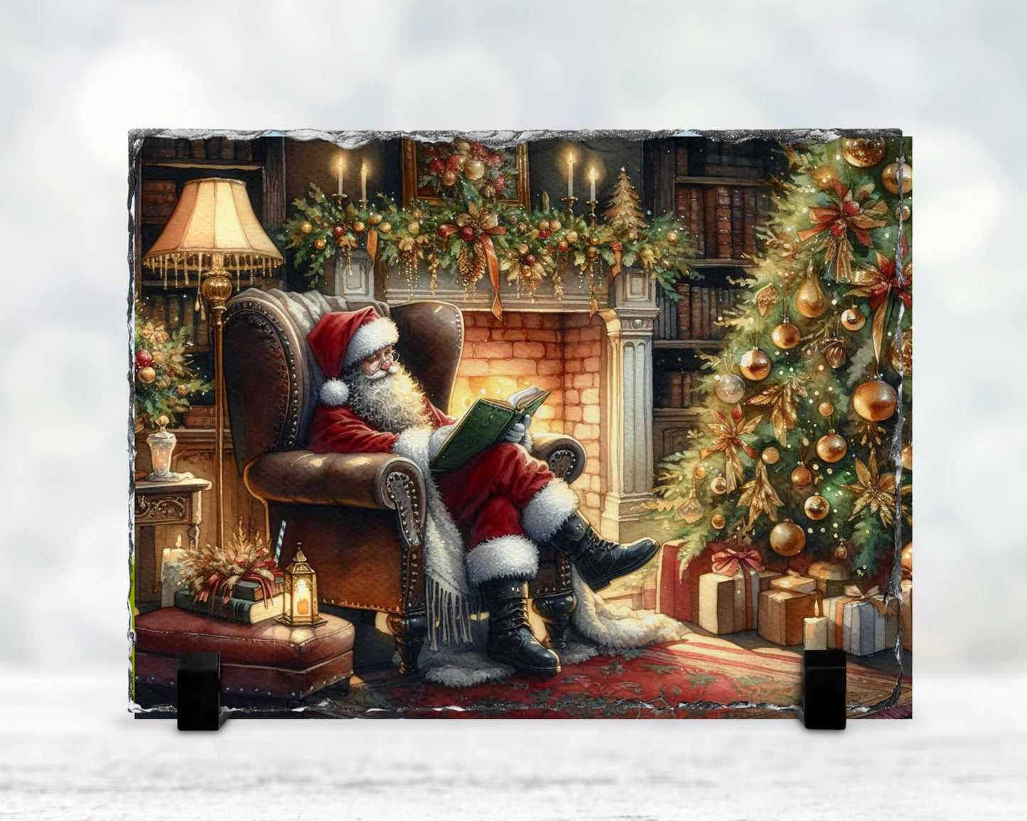 Cozy Santa Reading Slate with Fireplace  Tree - Charming Christmas Mantle Accent