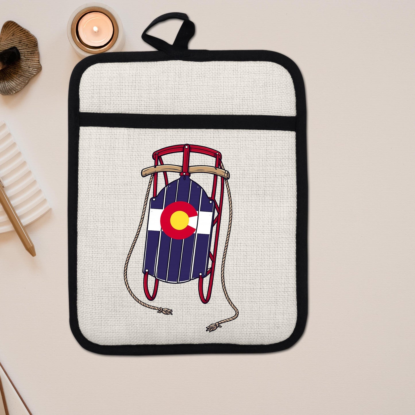 Colorado Sled Pot Holder - Linen Pot Holder with Silicone Back Trivet, Heat Resistant Oven Mitt