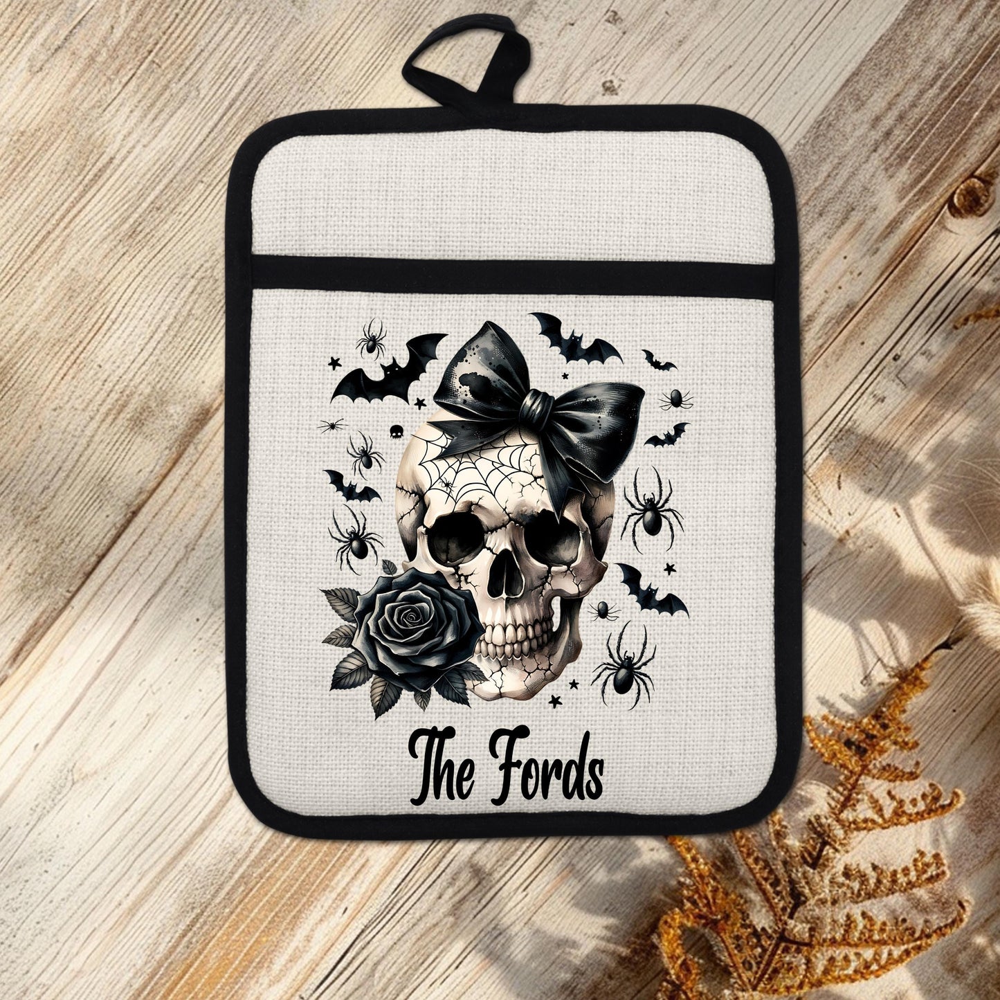Personalized Skull Pot Holder, Gothic Halloween Decor, Goth Kitchen Gift, Witchy Kitchen
