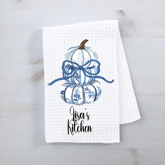 Personalized Blue Pumpkin Topiary Towel, 16x24" Waffle Weave Microfiber with Bow, Chinoiserie Fall Pumpkins
