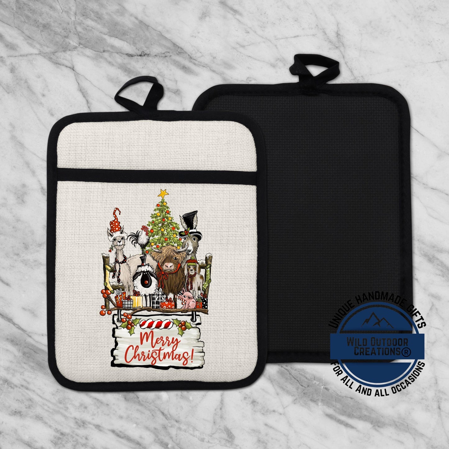 Farmhouse Pot Holder Linen Hot Pad Highland Cow Llama Christmas Kitchen Gift Decor