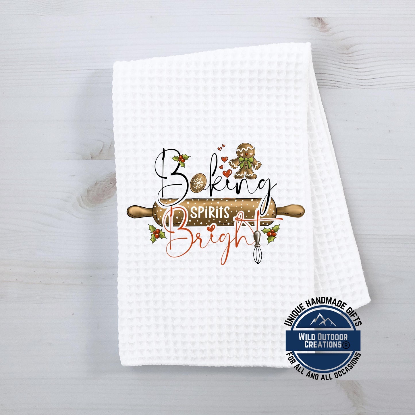 Baking Spirits Bright Christmas Kitchen Towel Gingerbread Waffle Weave Holiday Baker Decor Gift