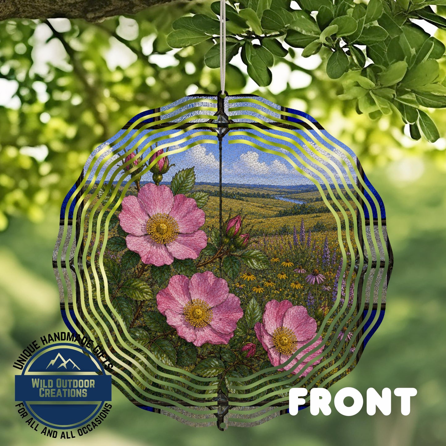 Wild Prairie Rose Wind Spinner Iowa State Flower Stained Glass Garden Aluminum Decor