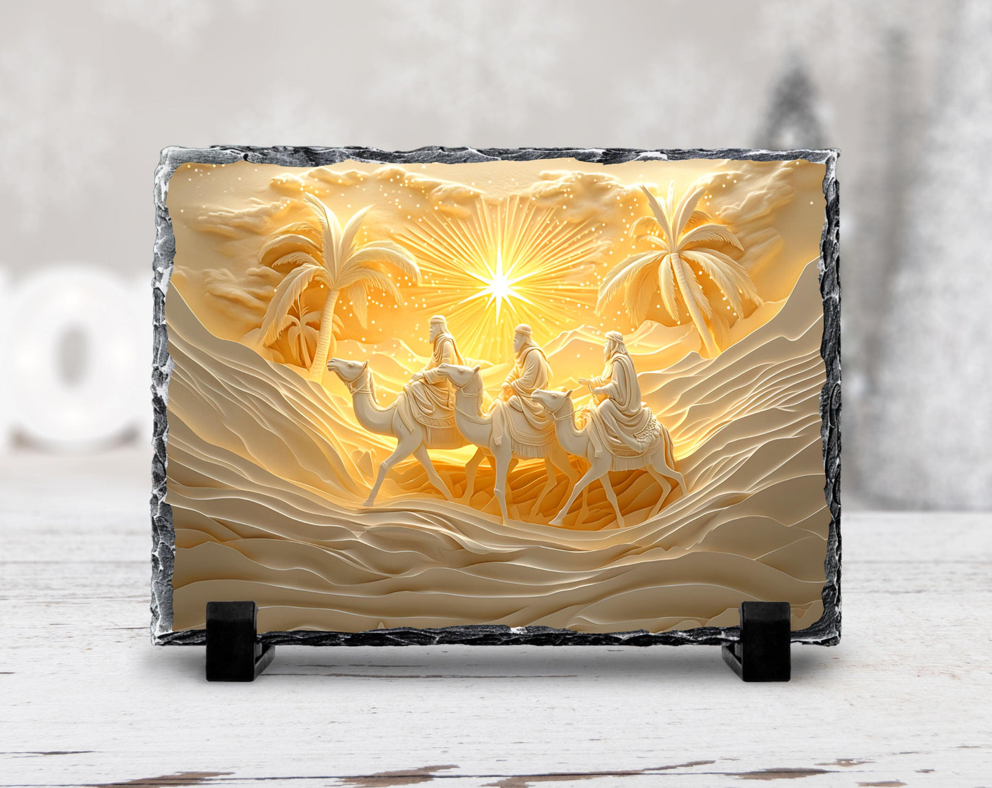 3 Wise Men Nativity Slate Plaque - Elegant Gold  White Design with Fractured Edge Ideal Christmas Gift or Religious Decor