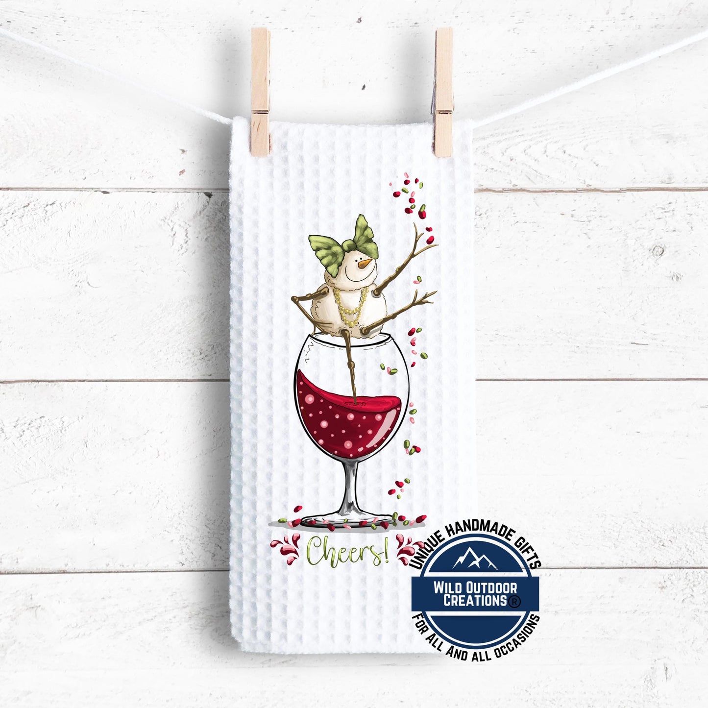 Snowman Wine Glass Kitchen Towel Cheers Funny Christmas Waffle Weave Holiday Decor Gift