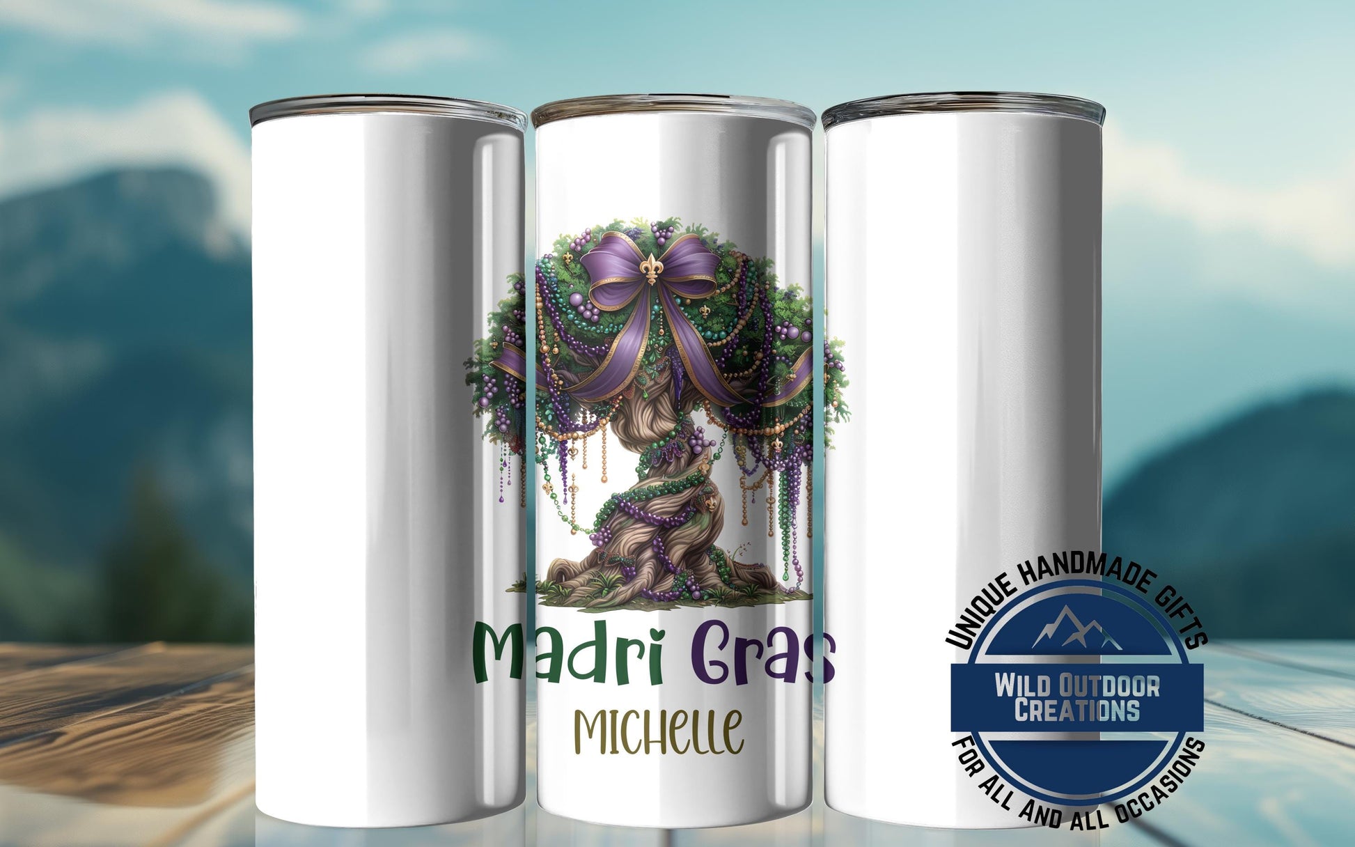 Mardi Gras Skinny Tumbler - Custom Name Glow In Dark Cup | Vacuum Insulated 20oz & 30oz - gift presentation view