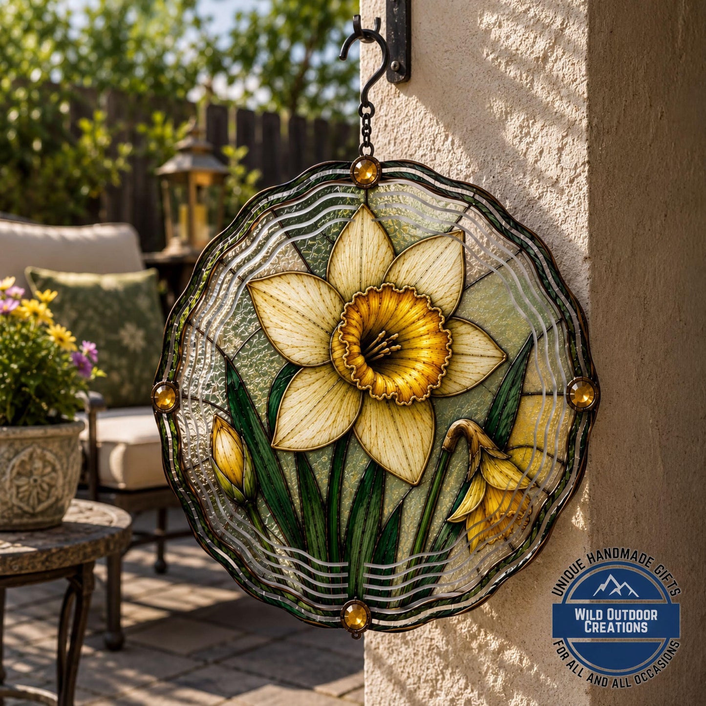 March Birth Flower Daffodil Wind Spinner 10 Inch Faux Stained Glass Metal Garden Decor