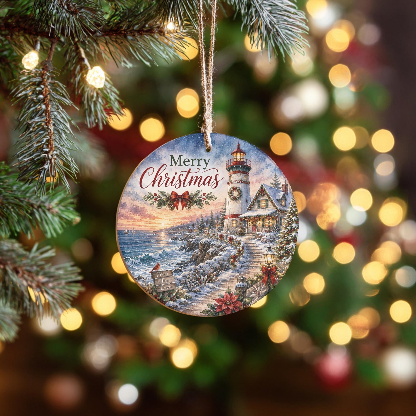 Lighthouse Christmas Ornament, Snowy Coastal Scene | Ceramic 3 Inch