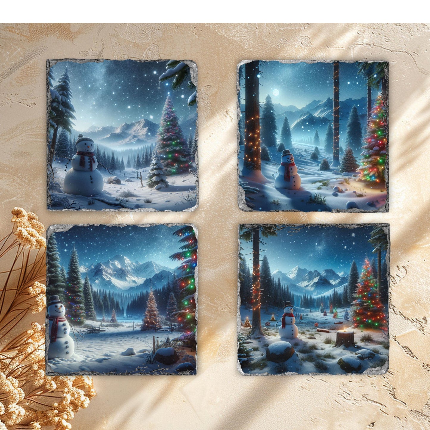 Slate Coaster Set with Festive Snowman  Mountain Scene - 4 Sublimation Coasters and Black Storage Rack for Winter Decor Gift