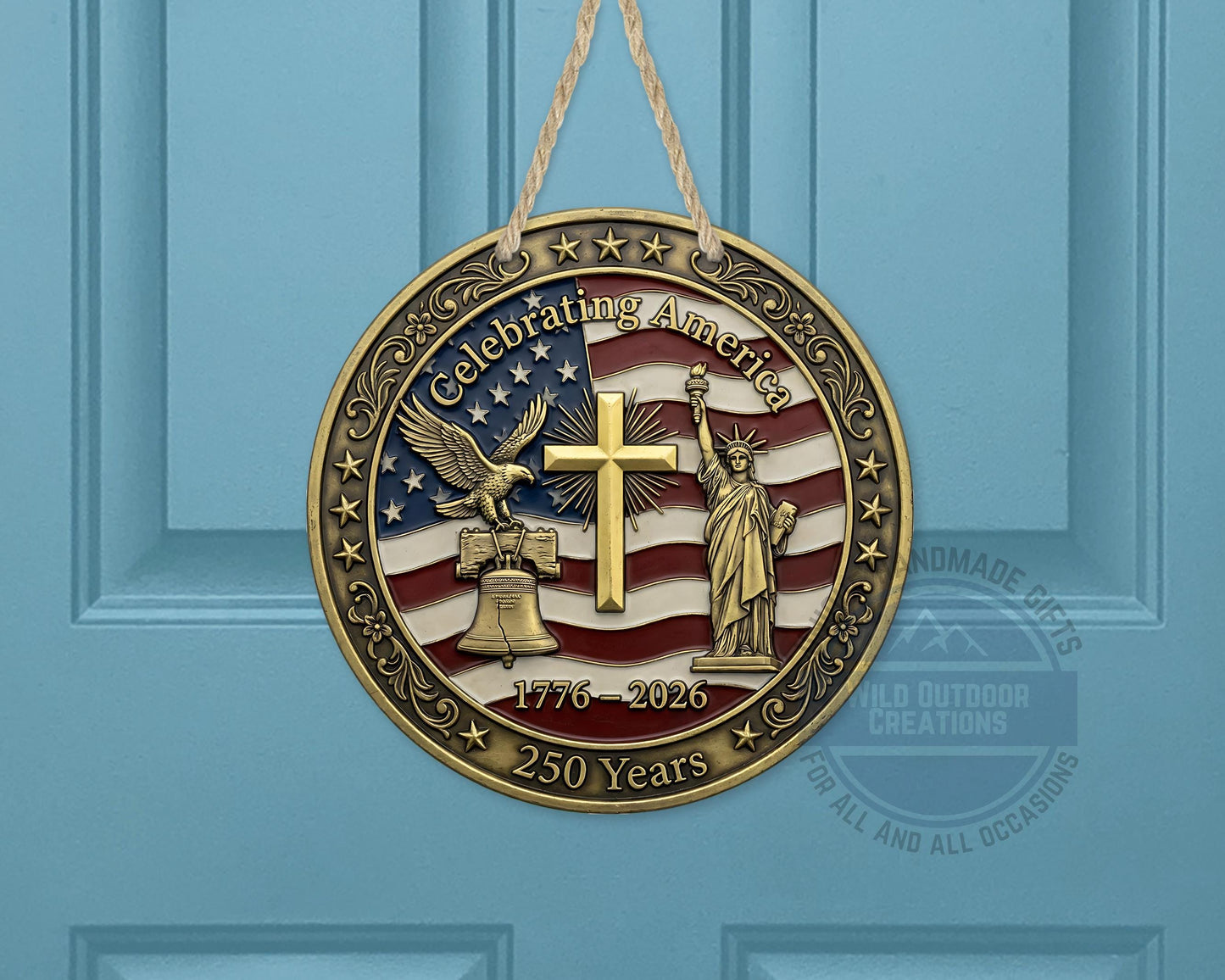 Patriotic Door Decor - America 250 Years Aluminum Door Sign 10" USA Hanger